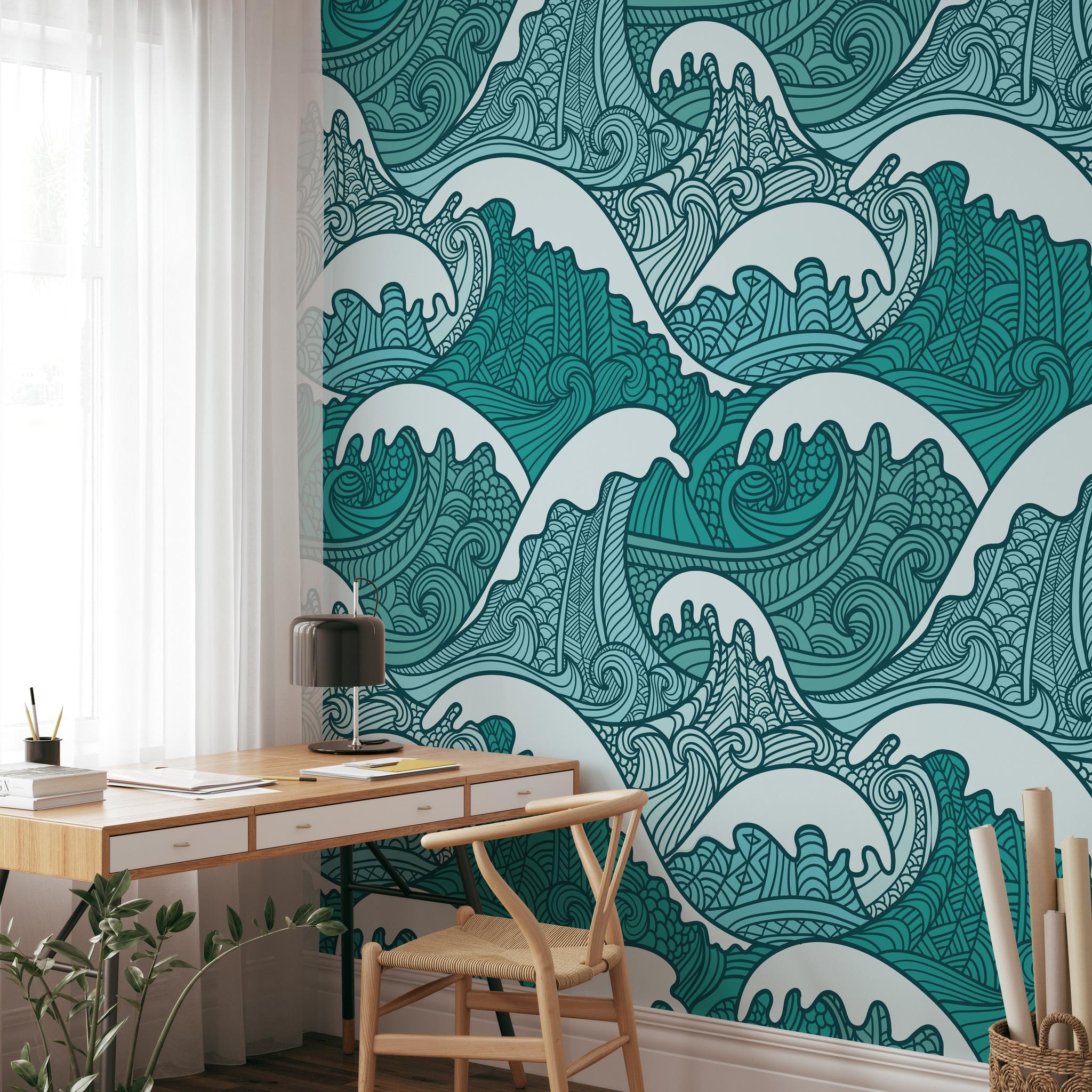 "Wall Blush Maui Wallpaper enhancing a home office with its vibrant wave design, creating a focal point on the wall."