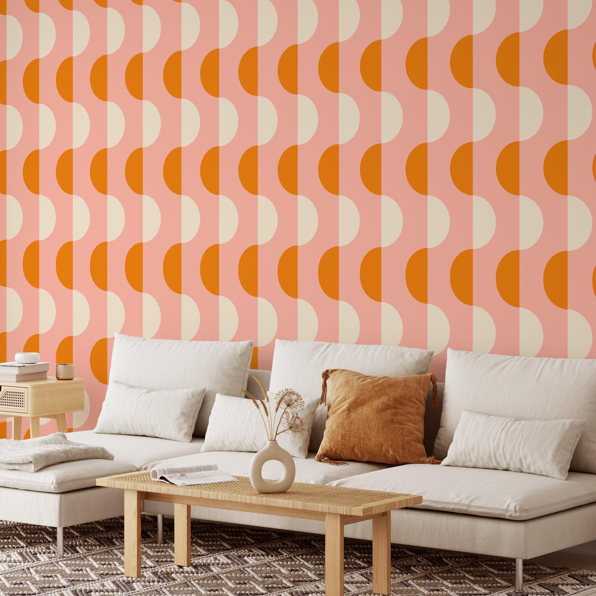 Donna Wallpaper from Wall Blush SG02 in a stylish living room, featuring bold geometric patterns as the focal point.