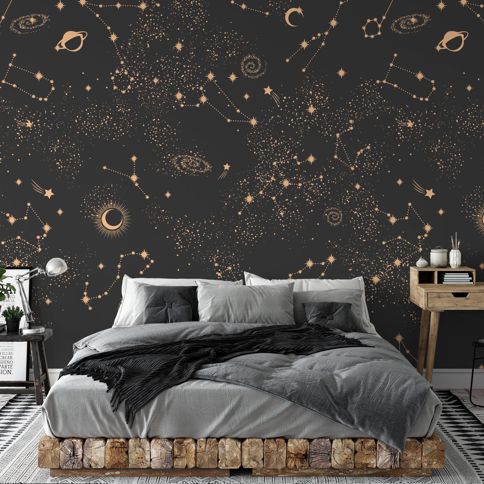 Stylish bedroom showcasing The Kail Lowry Line's Milky Way Wallpaper, celestial design focus.