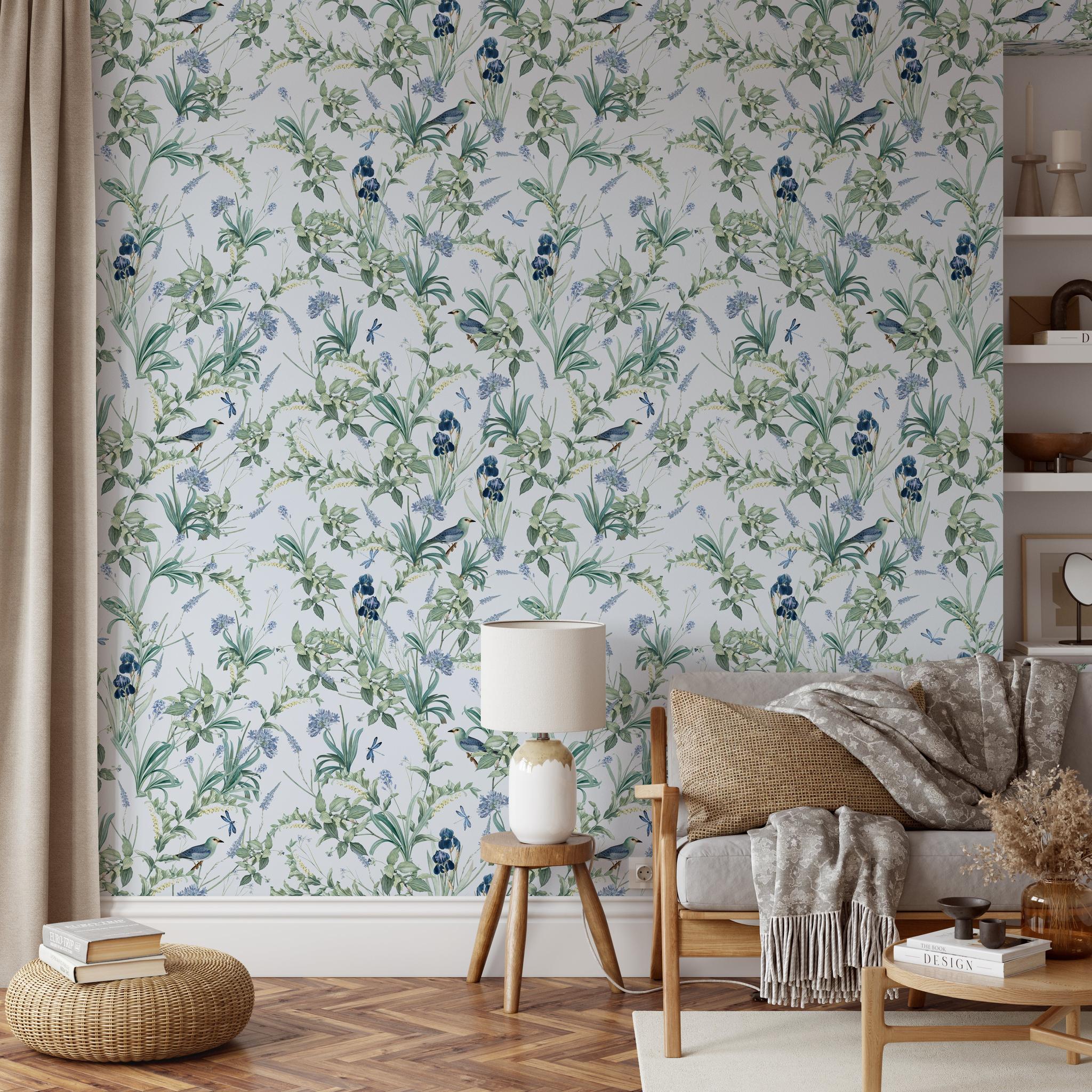 "Wall Blush's Fly Away with Me (Lavender) Wallpaper featured in cozy living room setup, accentuated with stylish decor."