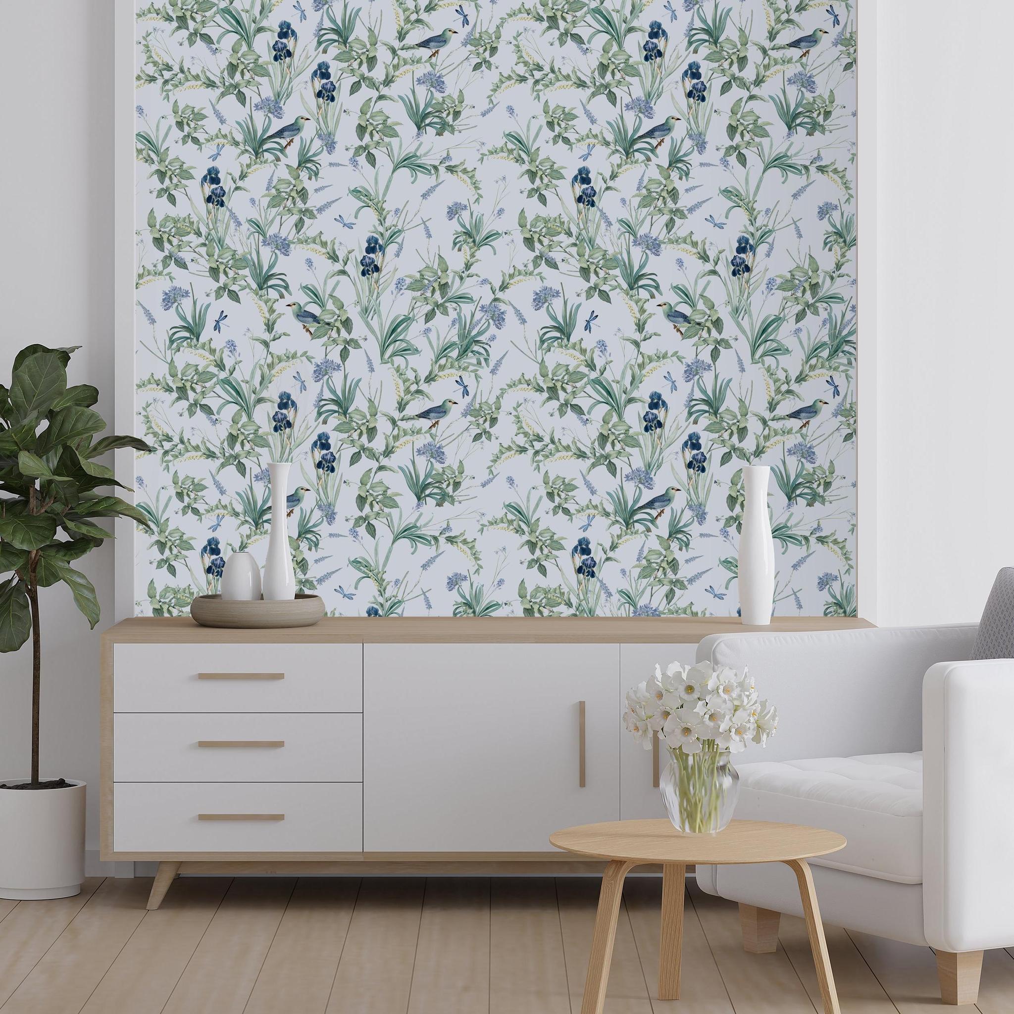 Wall Blush SG02's 'Fly Away with Me (Lavender)' wallpaper accentuates the modern living room's ambiance.