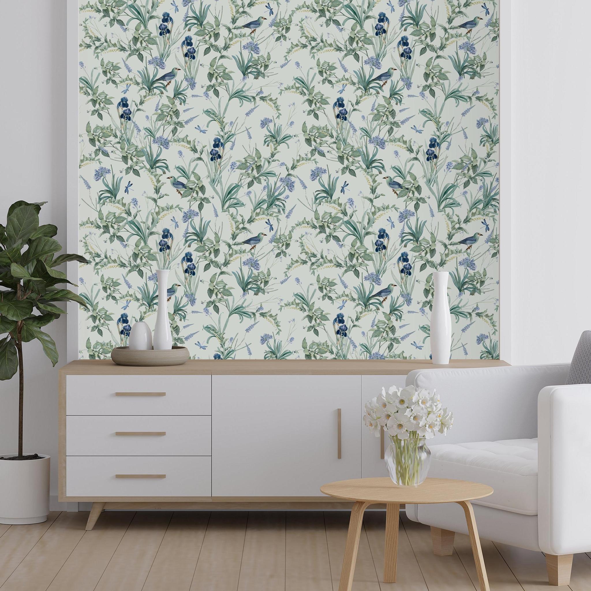 Fly Away with Me Wallpaper by Wall Blush SG02 showcased in a modern living room setting.