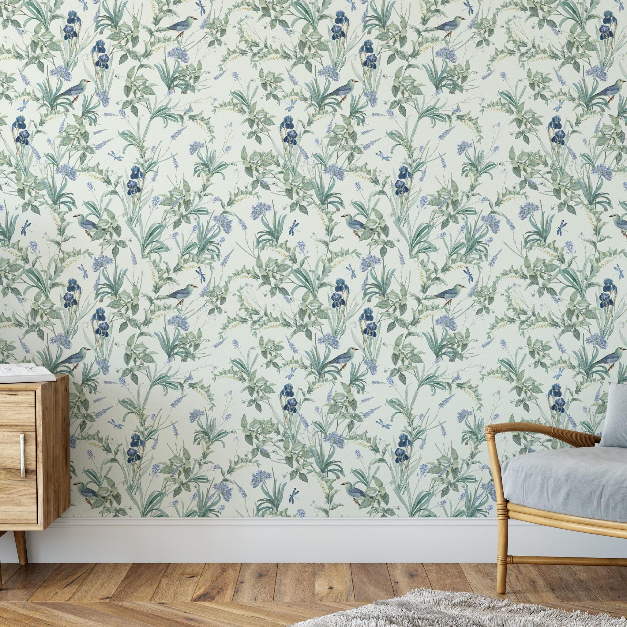 Wall Blush SG02's Fly Away with Me Wallpaper in a cozy living room, featuring vibrant floral patterns.