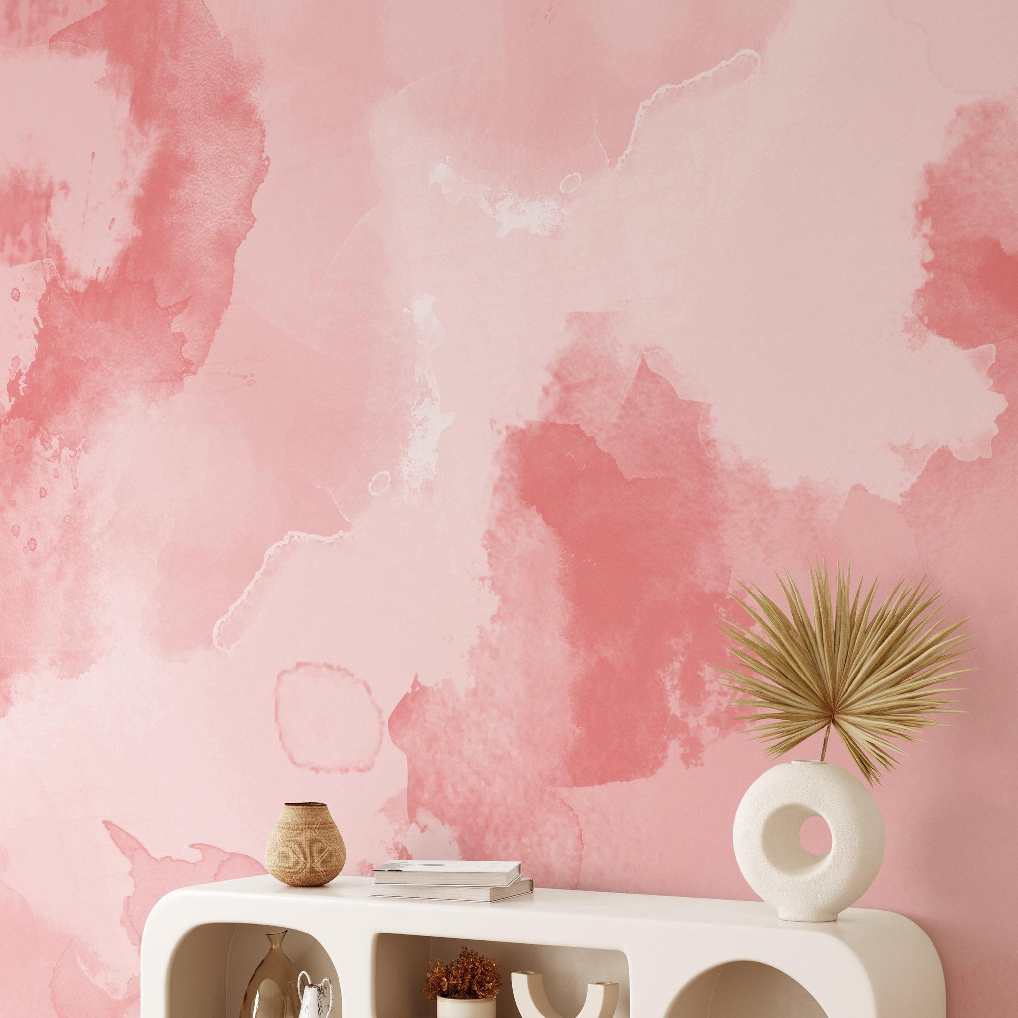 The MB Line's BIG MOOD (Pink) Wallpaper featured in a stylish, modern living room setting with decorative shelving.
