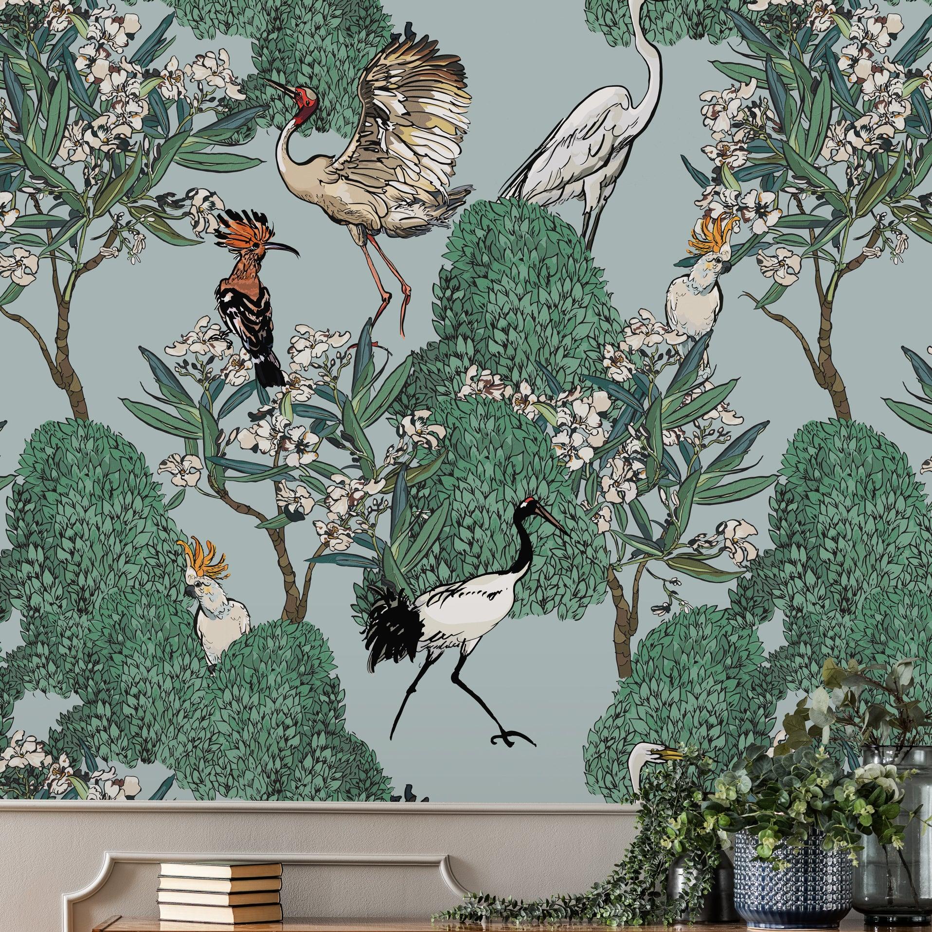 Mangrove Wallpaper by Wall Blush in stylish living room with vintage cabinet focus.