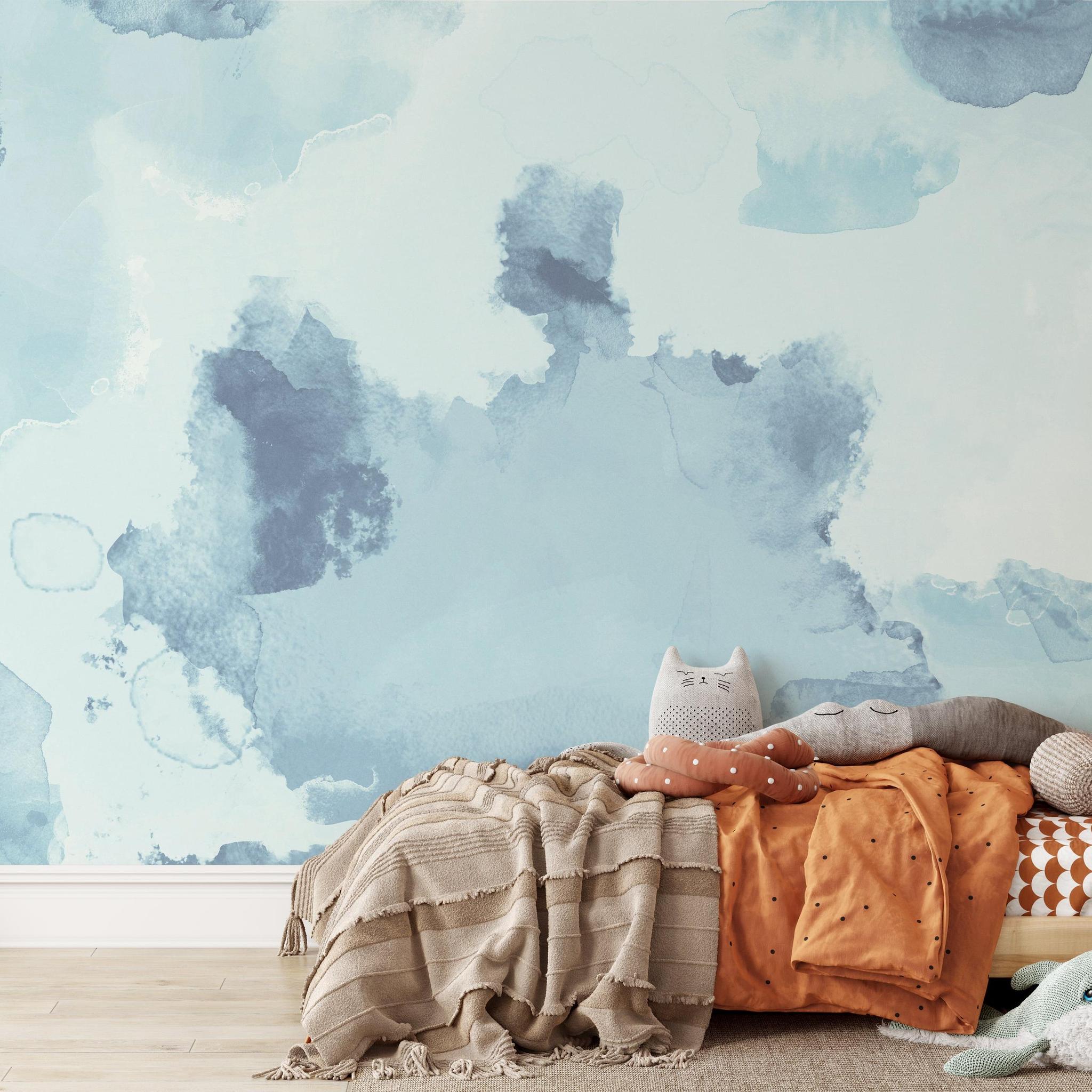 "Cozy bedroom featuring BIG MOOD (Blue) Wallpaper by Wall Blush, highlighting stylish wall decor."