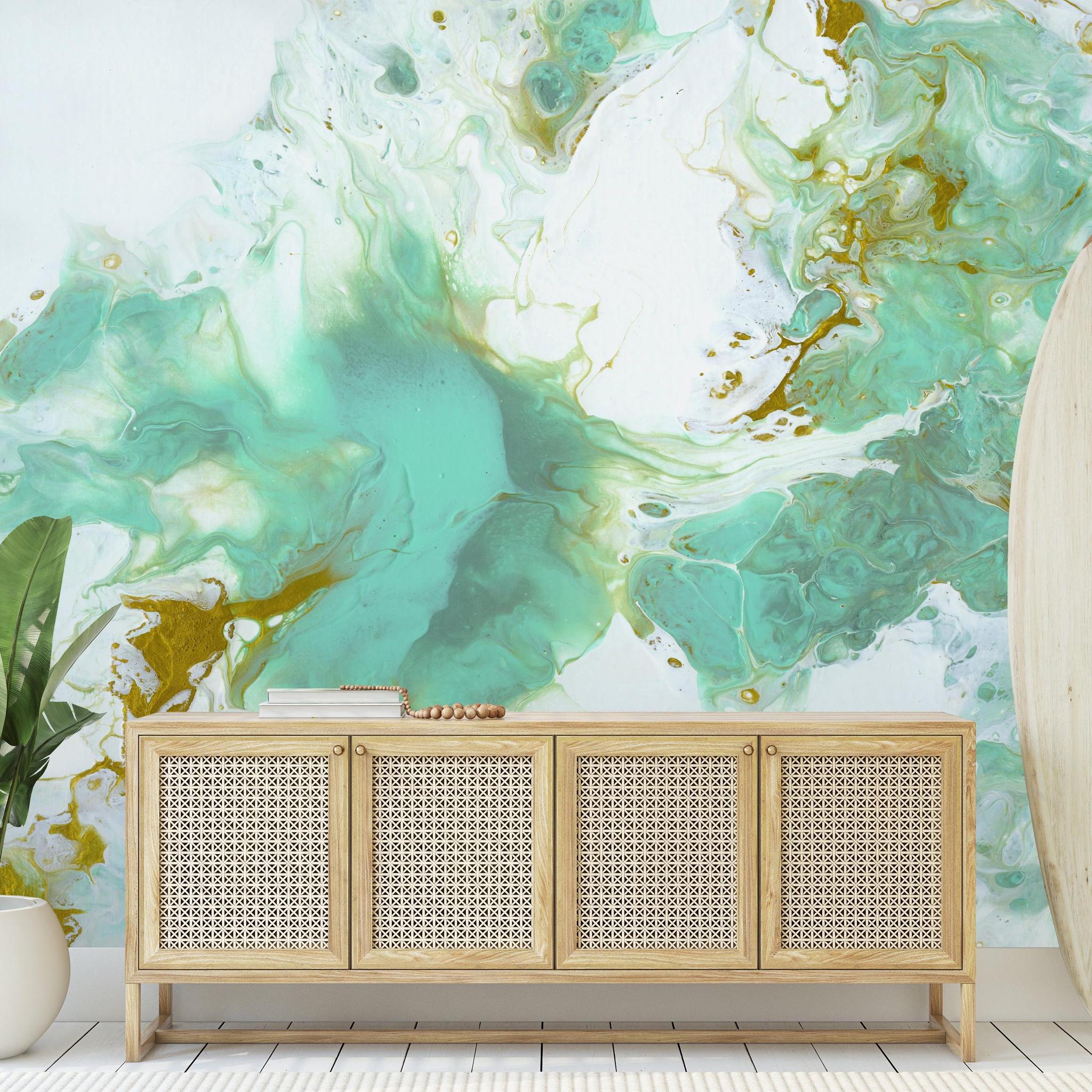 Stylish New Port Wallpaper by The A&S Line enhancing the modern living room ambiance with its artistic design.