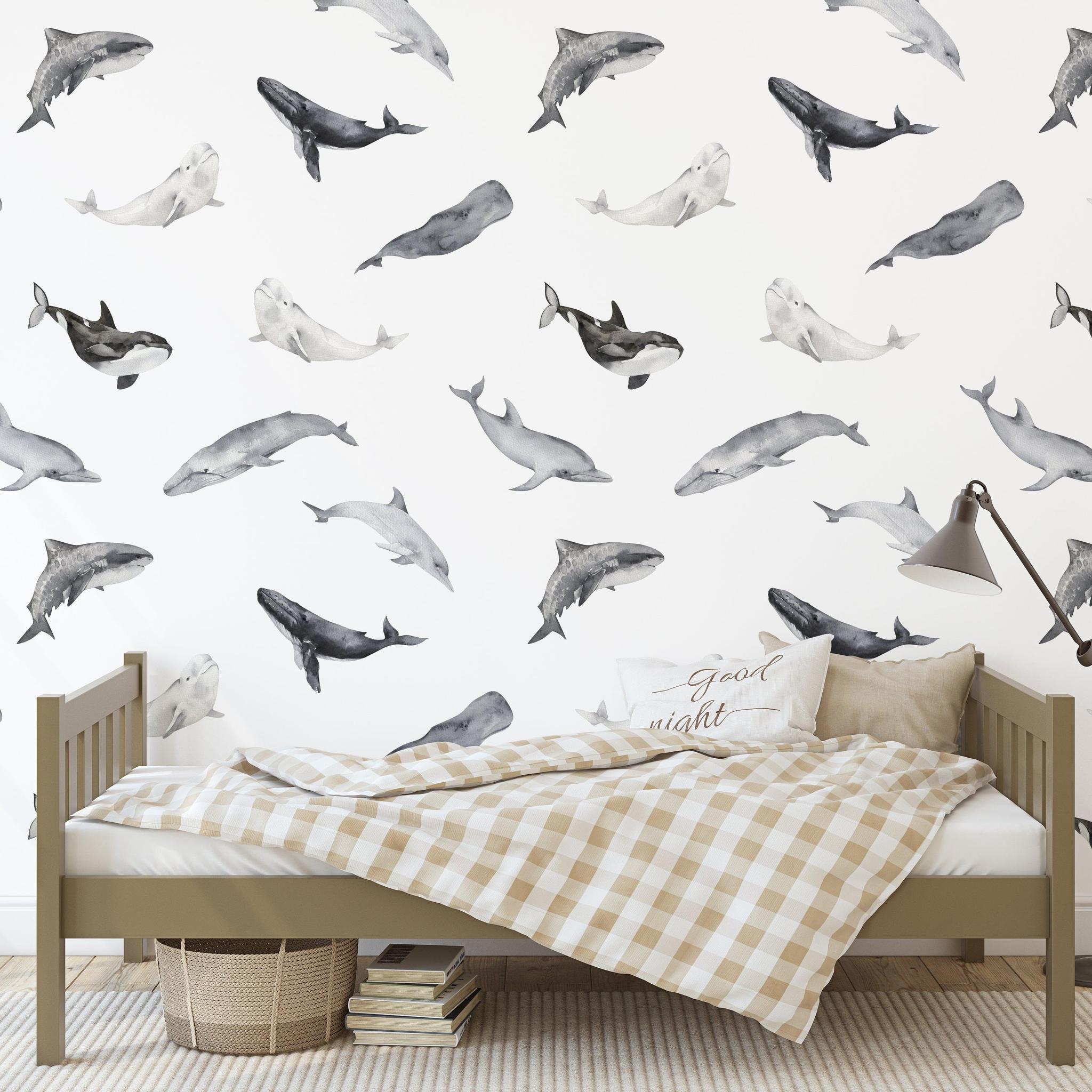 Odyssey Wallpaper by Wall Blush SG02 with whale patterns in a modern bedroom setting.