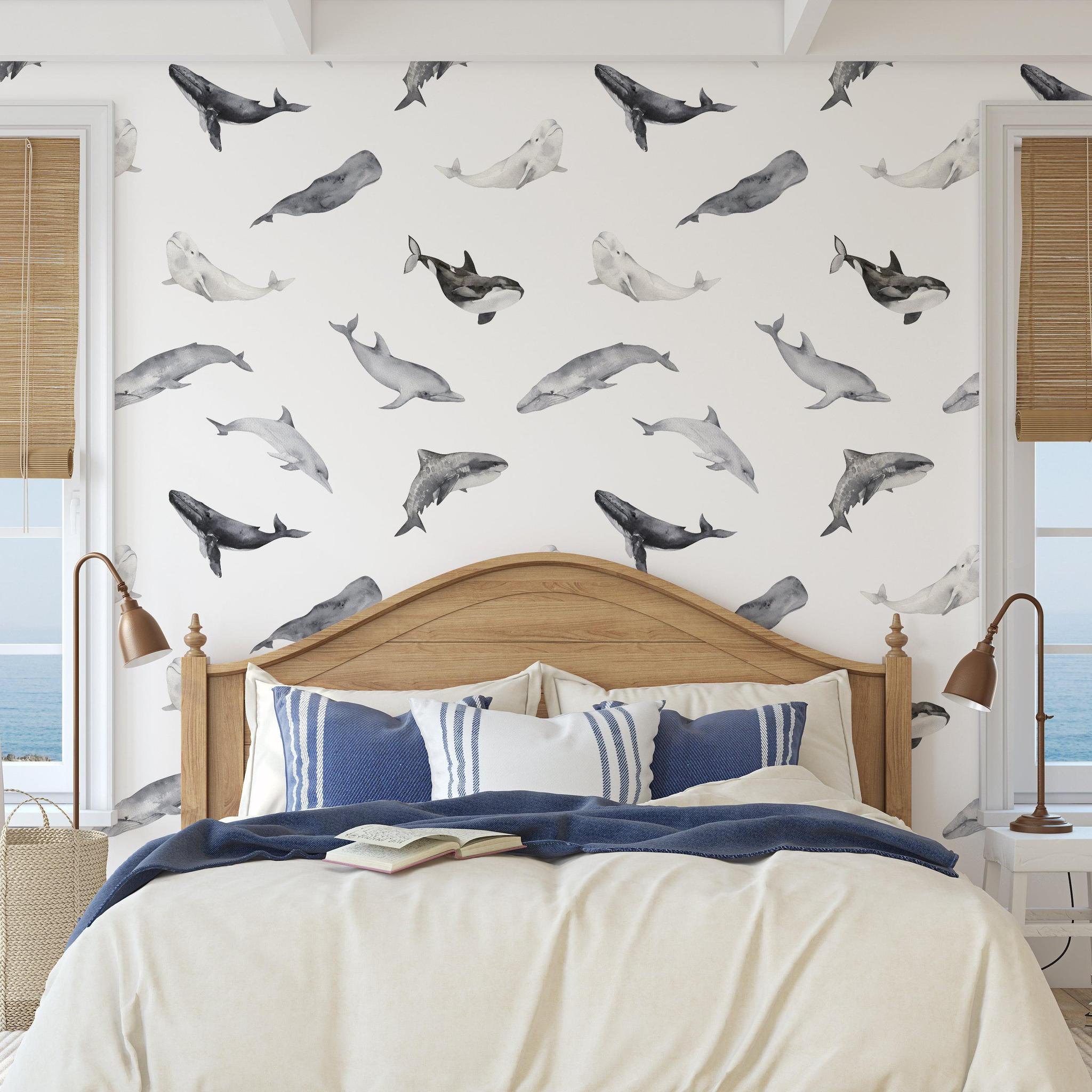 Odyssey Wallpaper by Wall Blush SG02 in a serene bedroom with ocean-themed decor highlighting the wall design.
