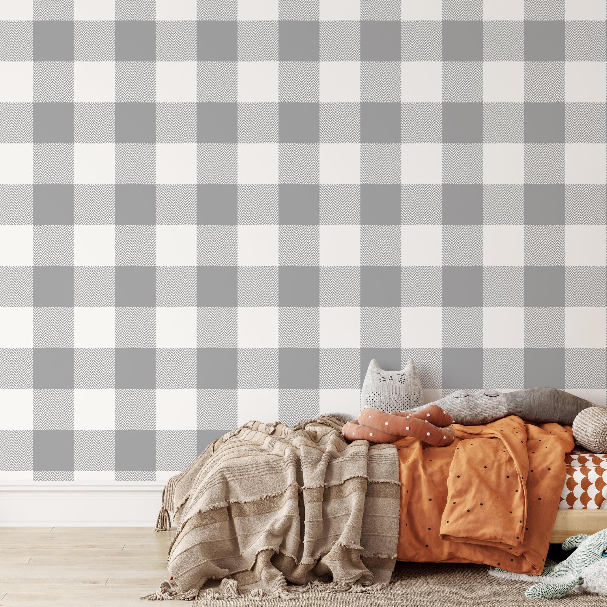 Wall Blush's Oswald - Buffalo Check Wallpaper in a stylish kids' bedroom, showcasing the modern pattern and cozy decor.