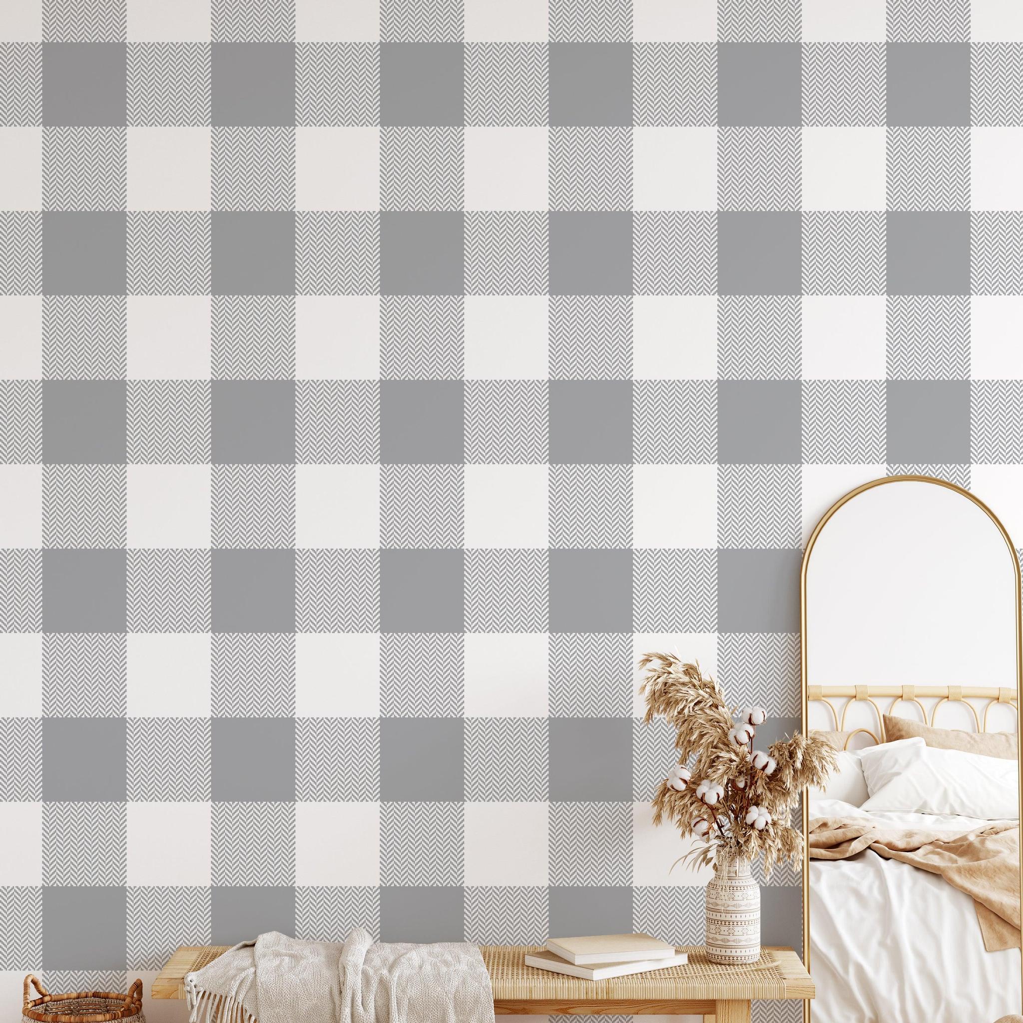 Wall Blush Oswald - Buffalo Check Wallpaper in a modern bedroom, focus on stylish grey and white pattern.