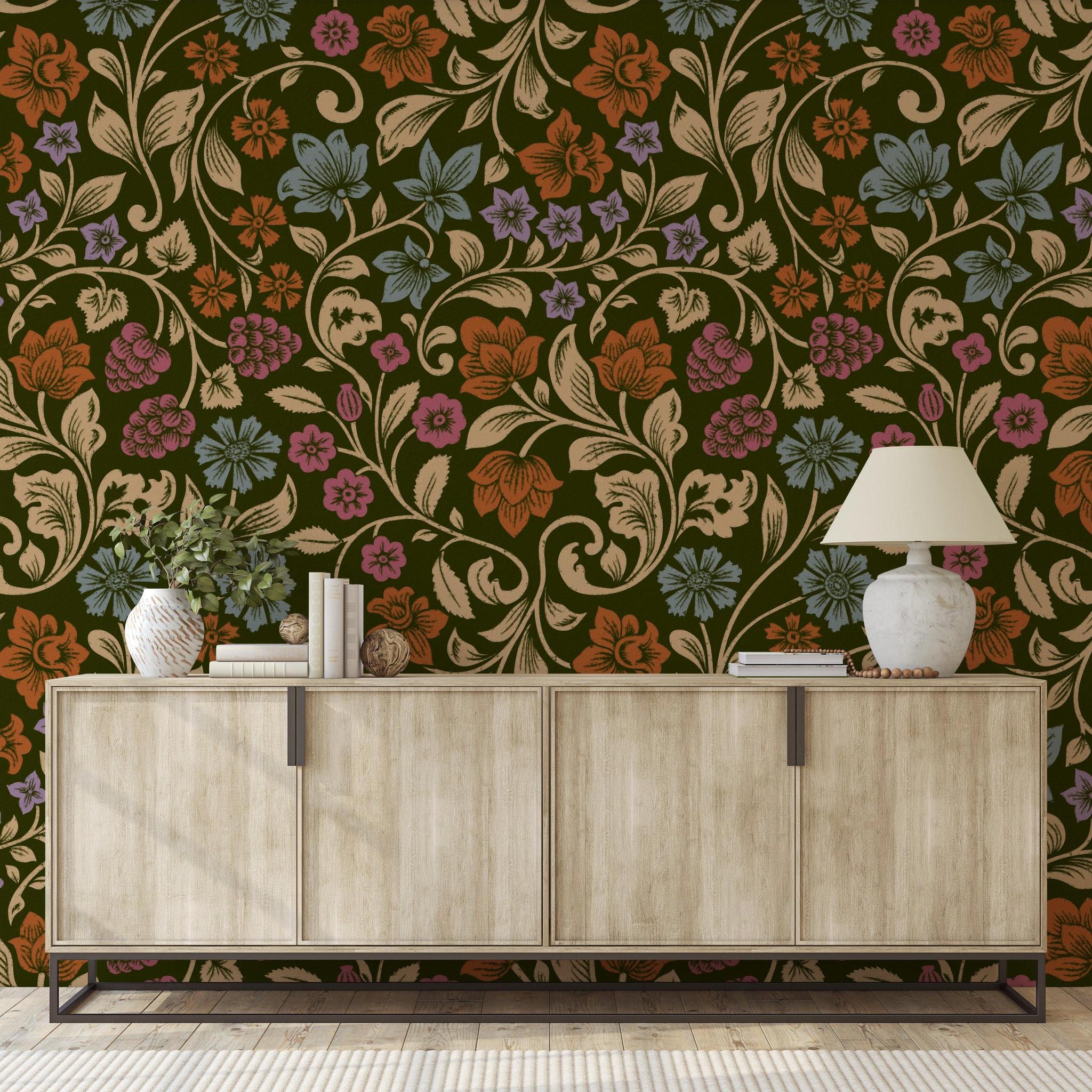 Bristol Wallpaper by Wall Blush SG02 in a modern living room, showcasing an elegant floral pattern focus.
