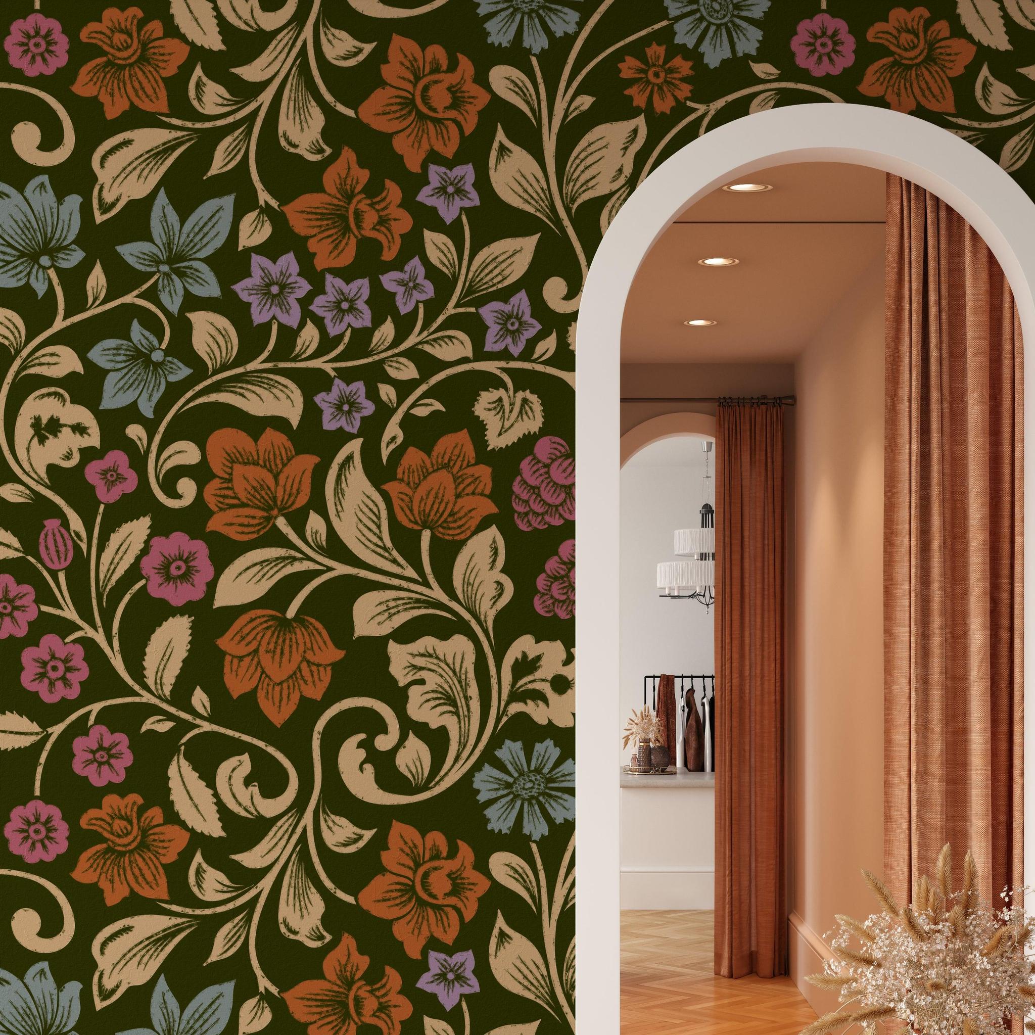 Bristol Wallpaper by Wall Blush SG02 featured in an elegant living room setting, highlighting intricate floral patterns.