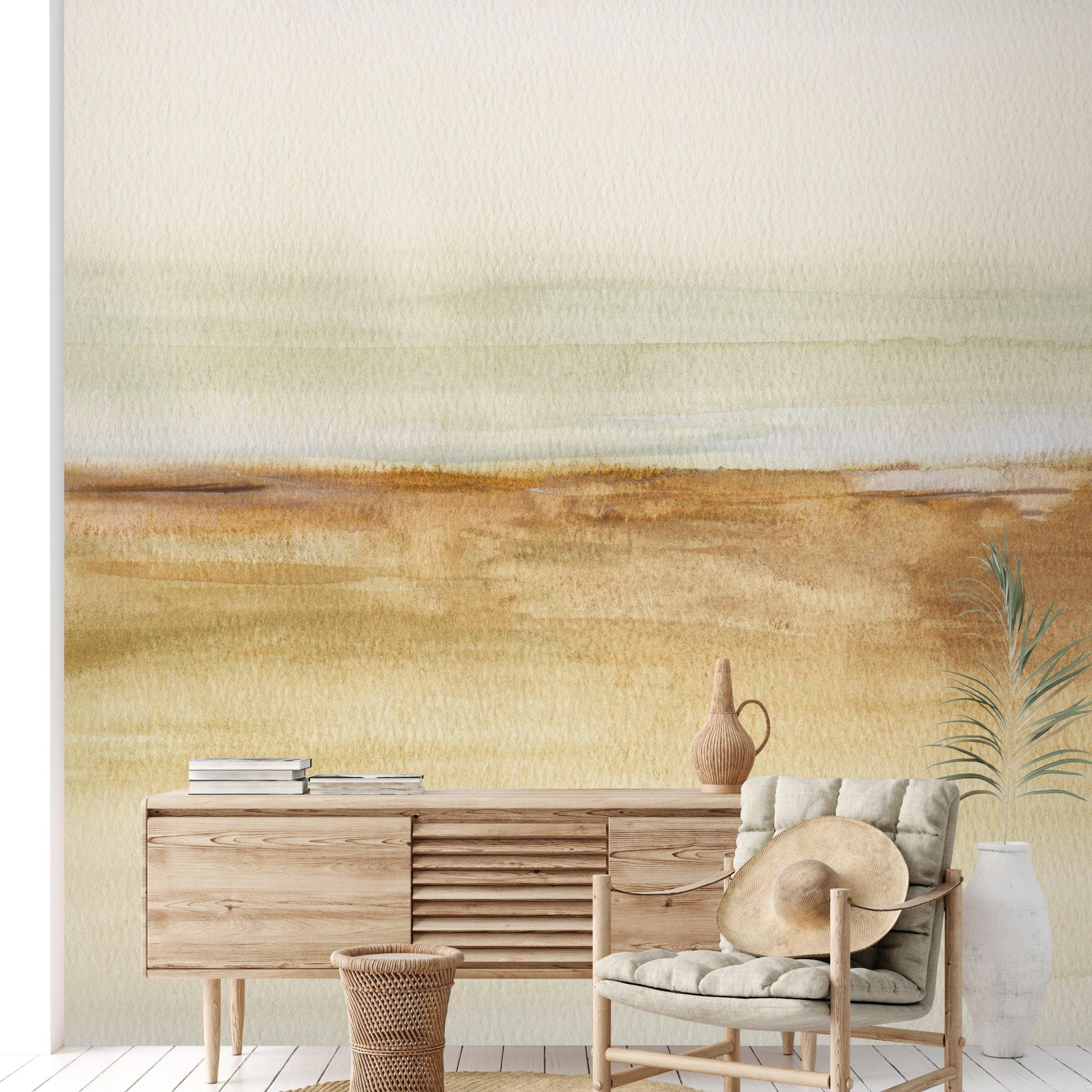 Modern living room featuring 'Palm Spring Wallpaper' by The A&S Line, accentuating the wall space with earthy tones.