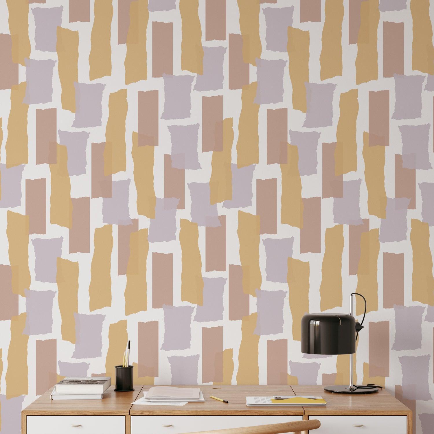 Wall Blush SG02's 'Love You to Pieces Wallpaper' in a stylish home office, highlighting the unique pattern and colors.