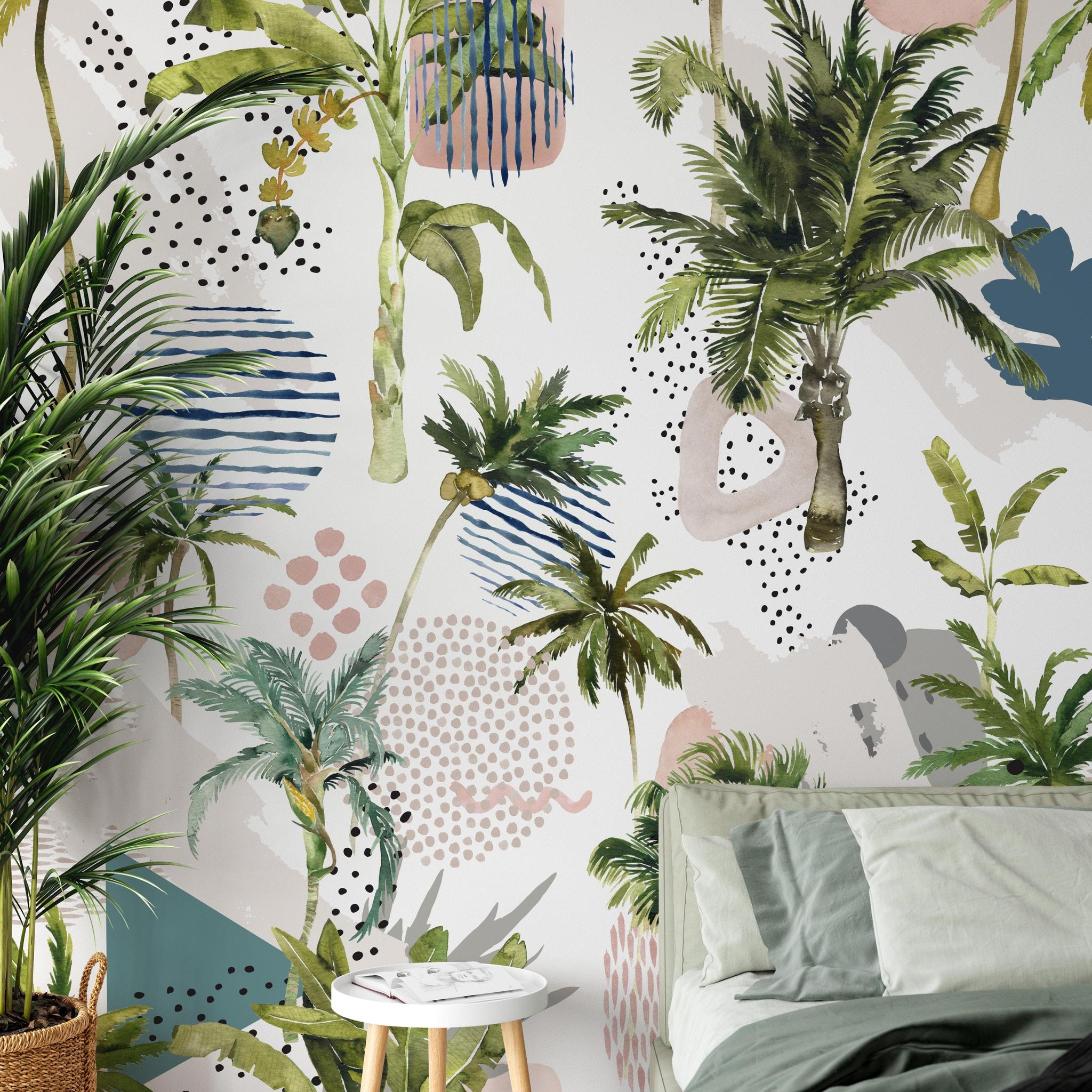 Paradise Wallpaper from The Clements Crew Line featured in a stylish, modern bedroom interior, highlighting the vibrant tropical design.