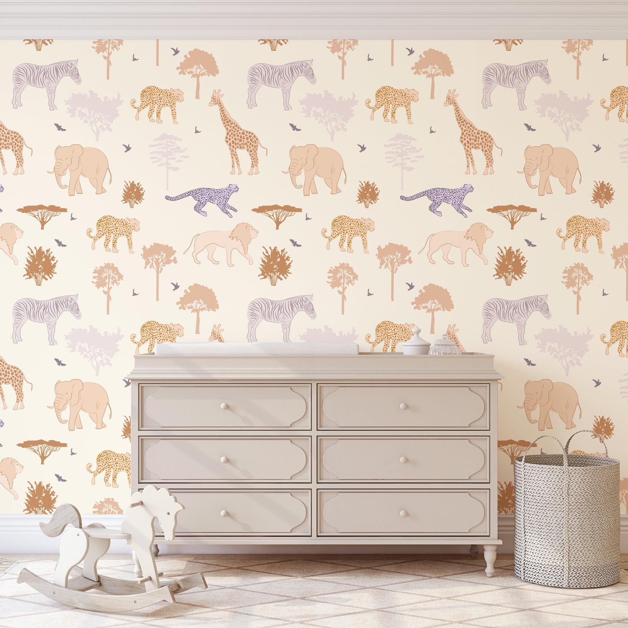Savannah Wallpaper by Wall Blush SG02 in a stylish nursery room focusing on the animal print design.