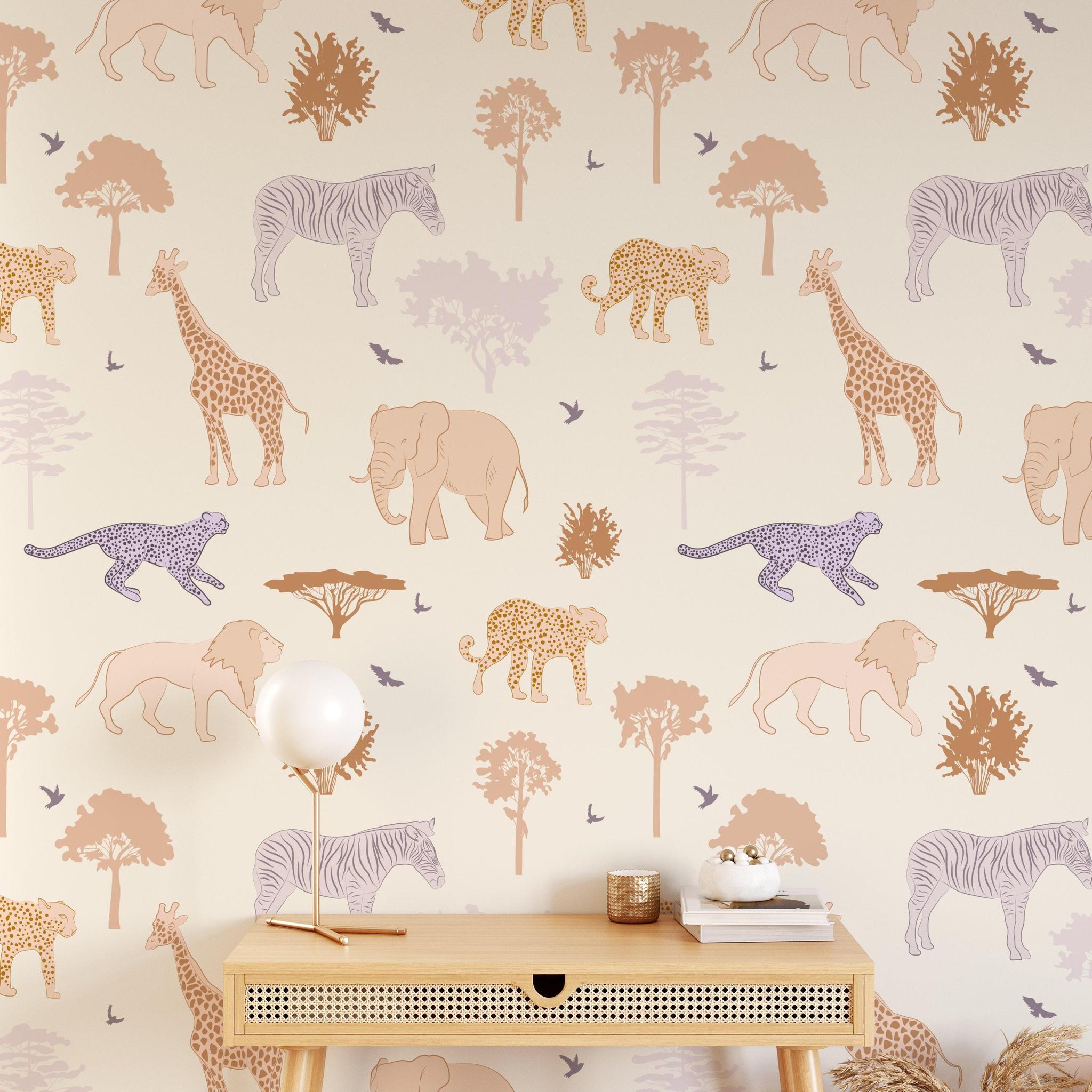 Savannah Wallpaper by Wall Blush SG02 in a stylish home office, showcasing animal print as the focal point.