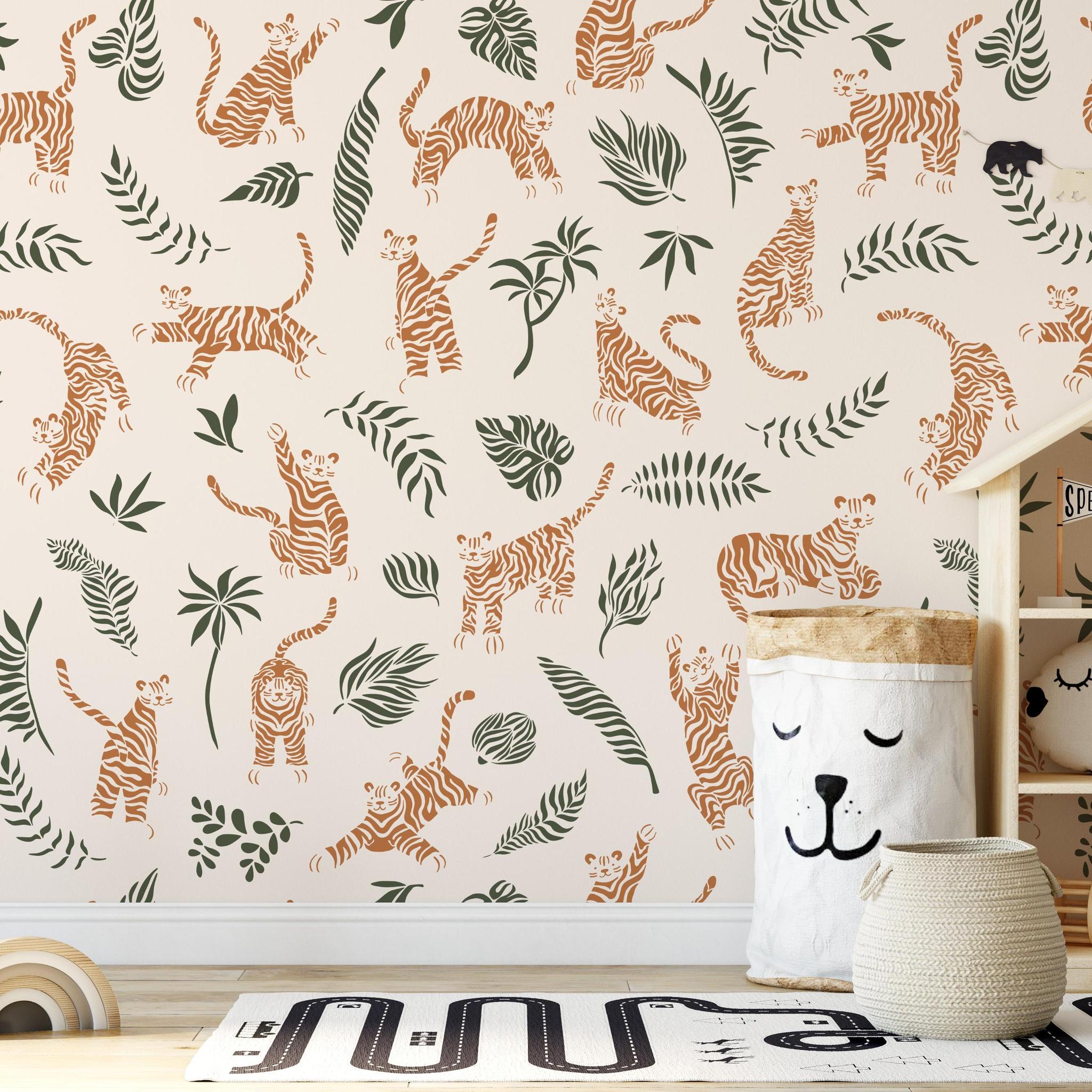 Child's room with Wall Blush SG02 RAWR (Peach) Wallpaper featuring playful tiger patterns.