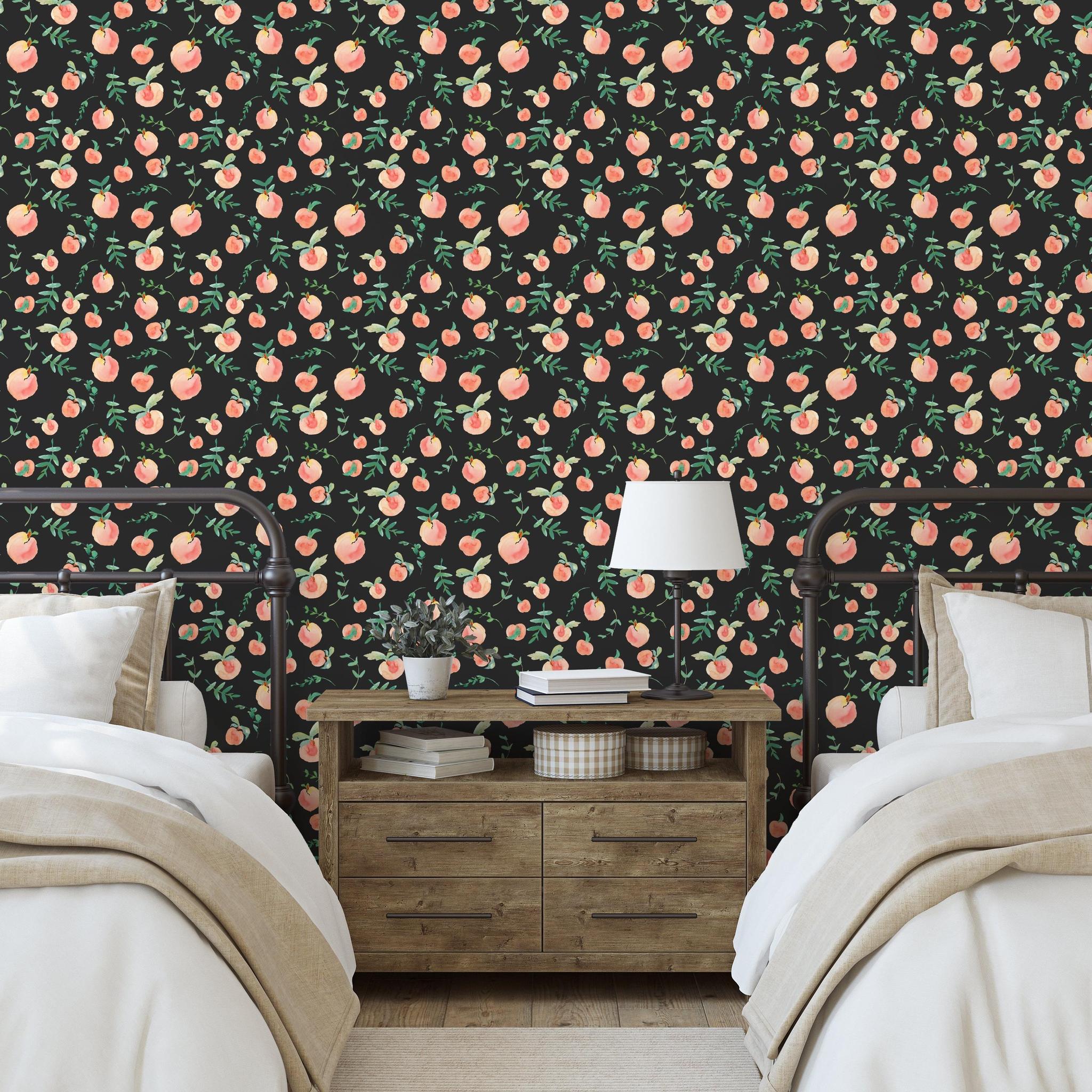 Wall Blush's Peachy Clean (Black) Wallpaper featured in cozy bedroom setup, highlighting modern interior design.