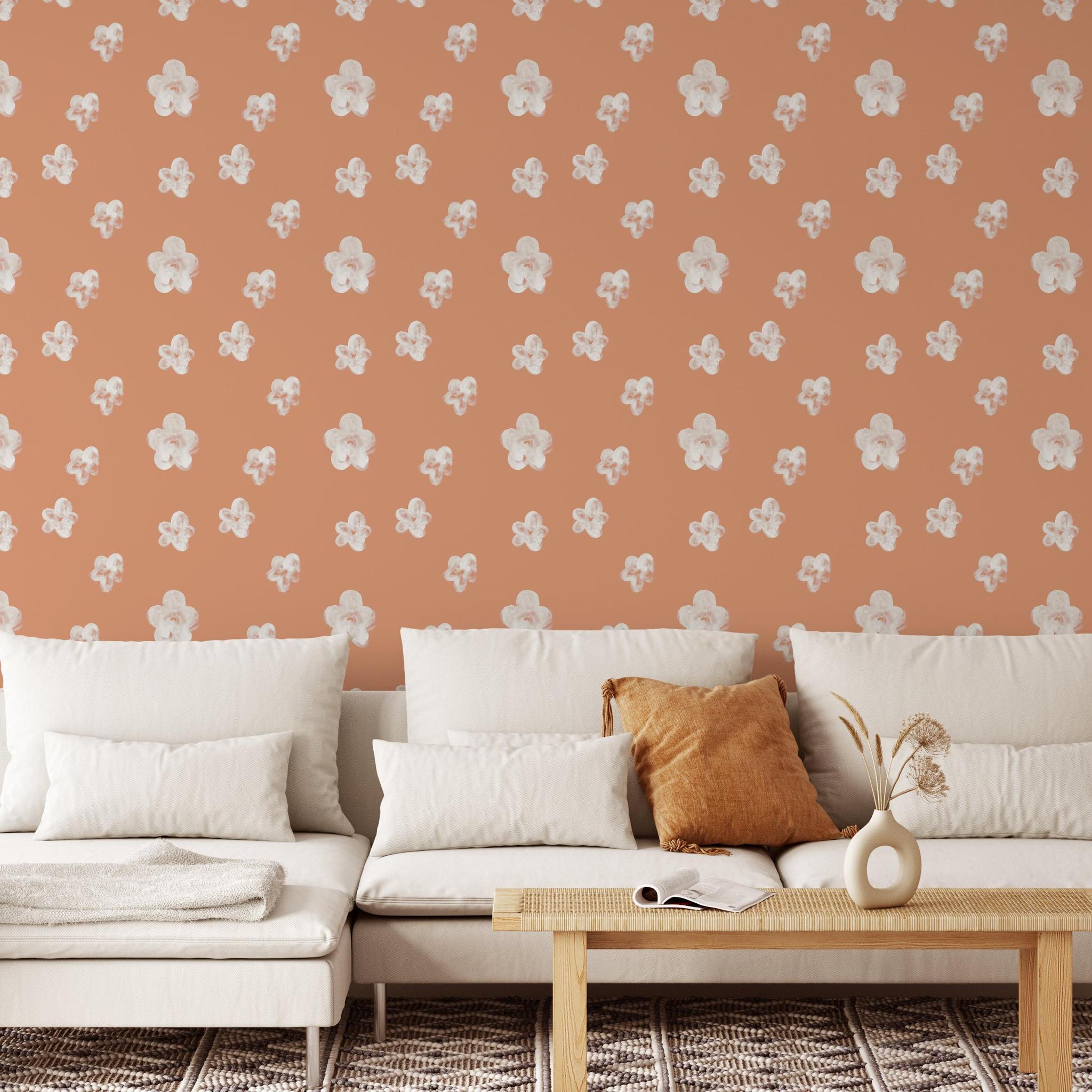 Peachy Perfect Wallpaper by The Minty Line featured in modern living room decor, highlighting the wall's design and texture.