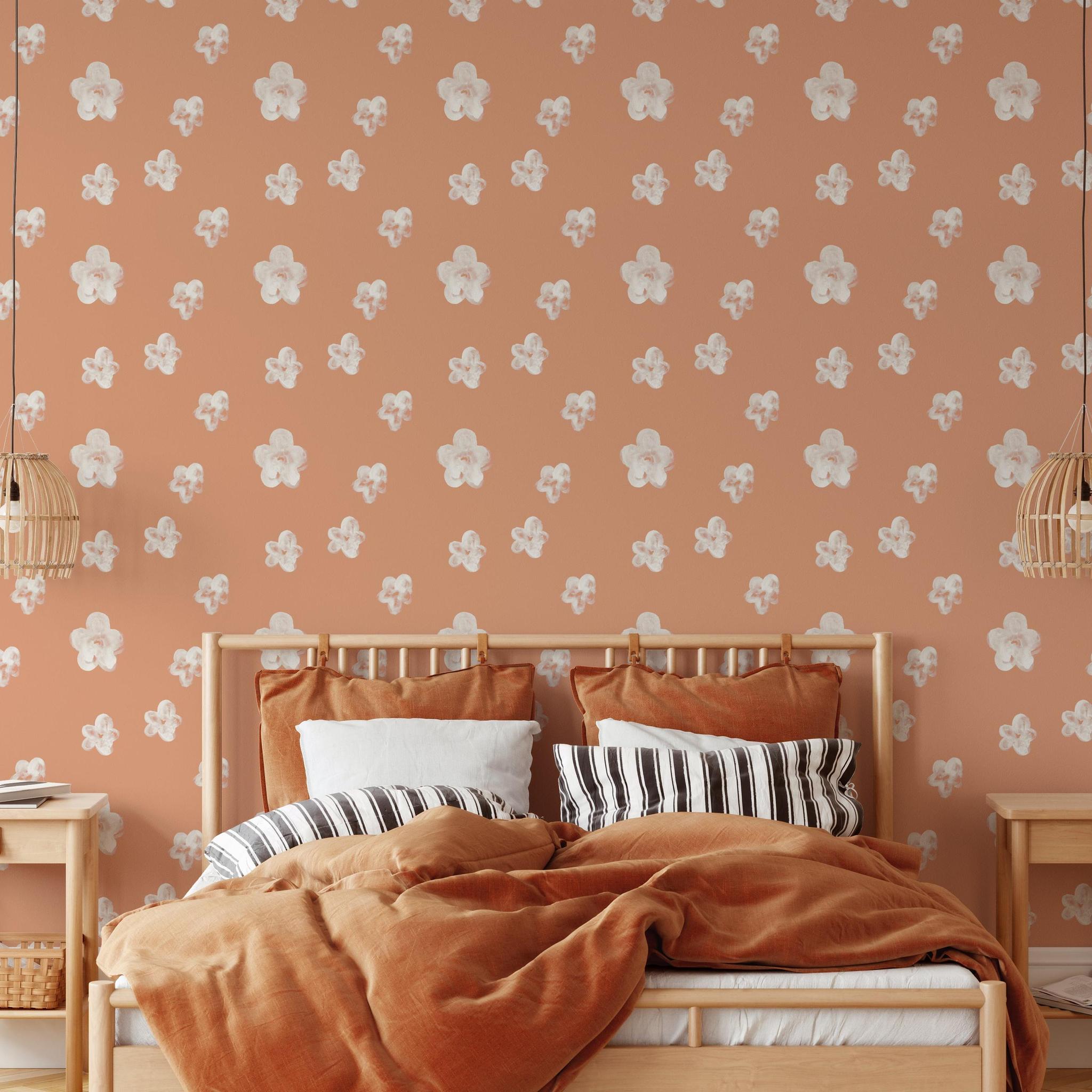 Peachy Perfect Wallpaper by The Minty Line in a stylish bedroom highlighting the floral design focus.