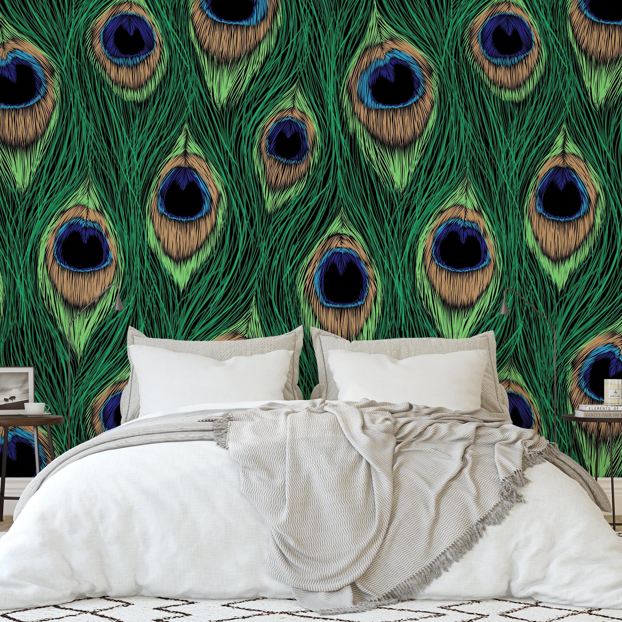 Ocelli Wallpaper by Wall Blush SG02 featured in an elegant bedroom with peacock pattern focus wall.