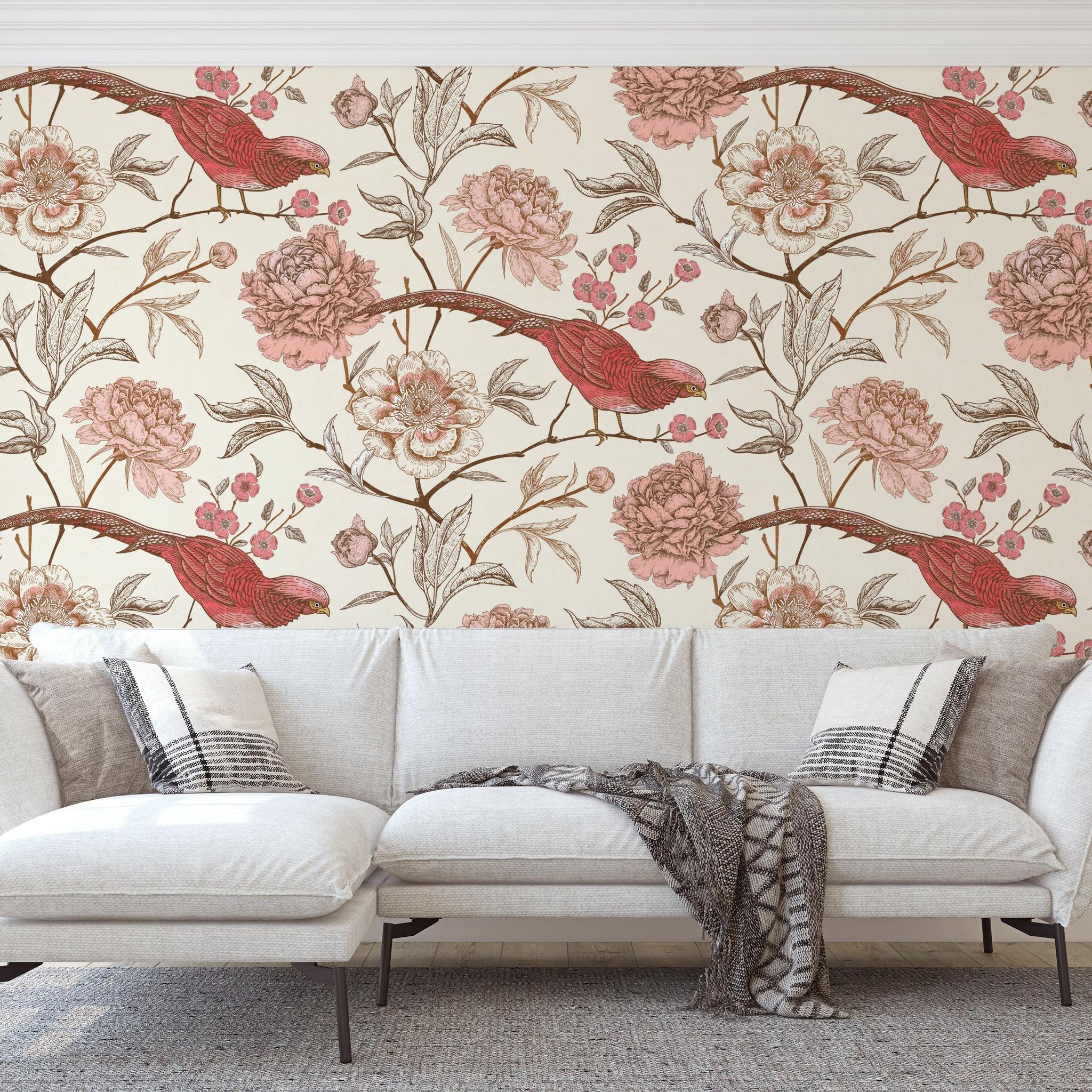 Chic living room showcasing Scarlet Wallpaper by Wall Blush SG02, featuring elegant floral and bird design.