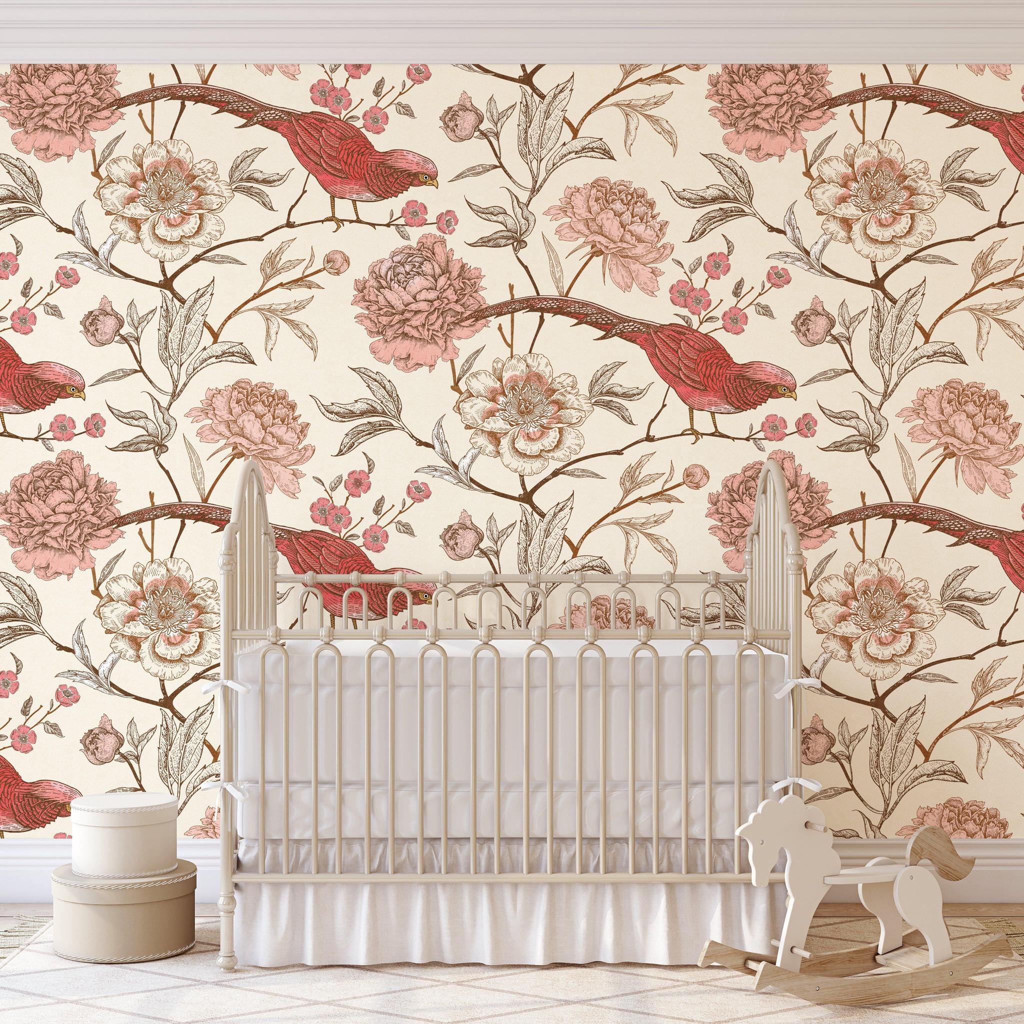 Wall Blush SG02 Scarlet Wallpaper adorning nursery walls, highlighting elegant floral and bird design.