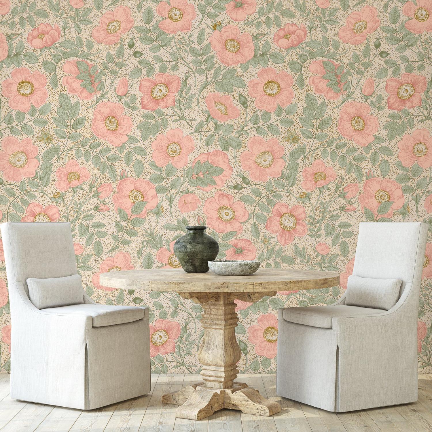 Poppy Wallpaper by Wall Blush SG02 in an elegant dining room, highlighting the decorative floral design.