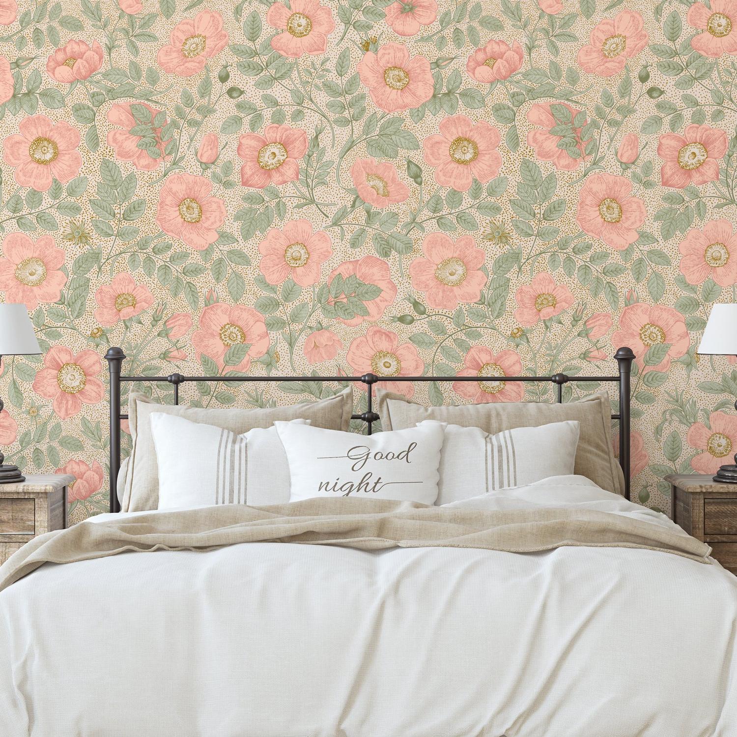 Wall Blush SG02 Poppy Wallpaper featured in cozy bedroom setting with elegant metal bed frame.