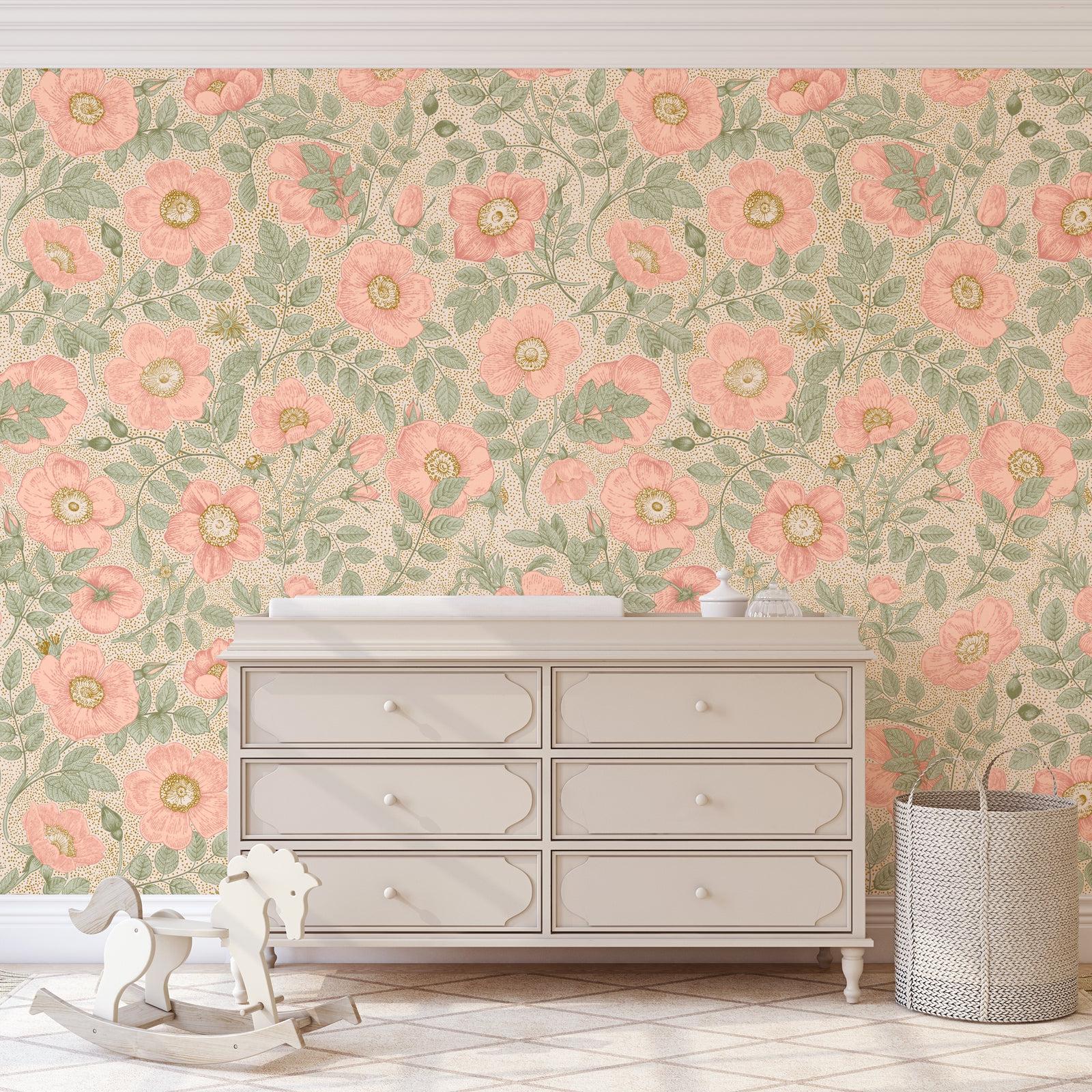 Wall Blush SG02 Poppy Wallpaper in a stylish nursery room, with elegant dresser and rocking horse.