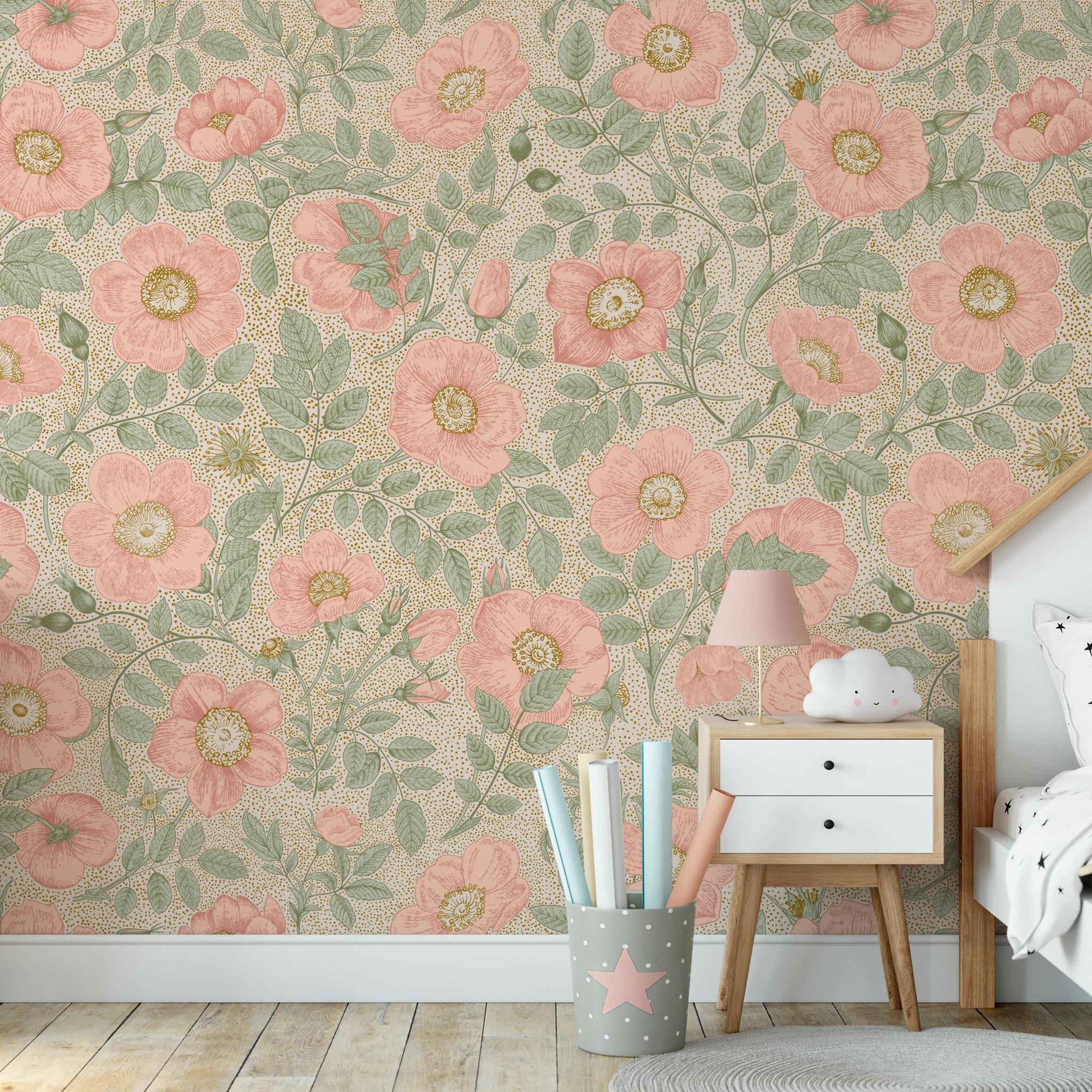 Wall Blush SG02's Poppy Wallpaper accentuating a cozy kids' room, featuring vibrant florals with a chic, playful ambience.