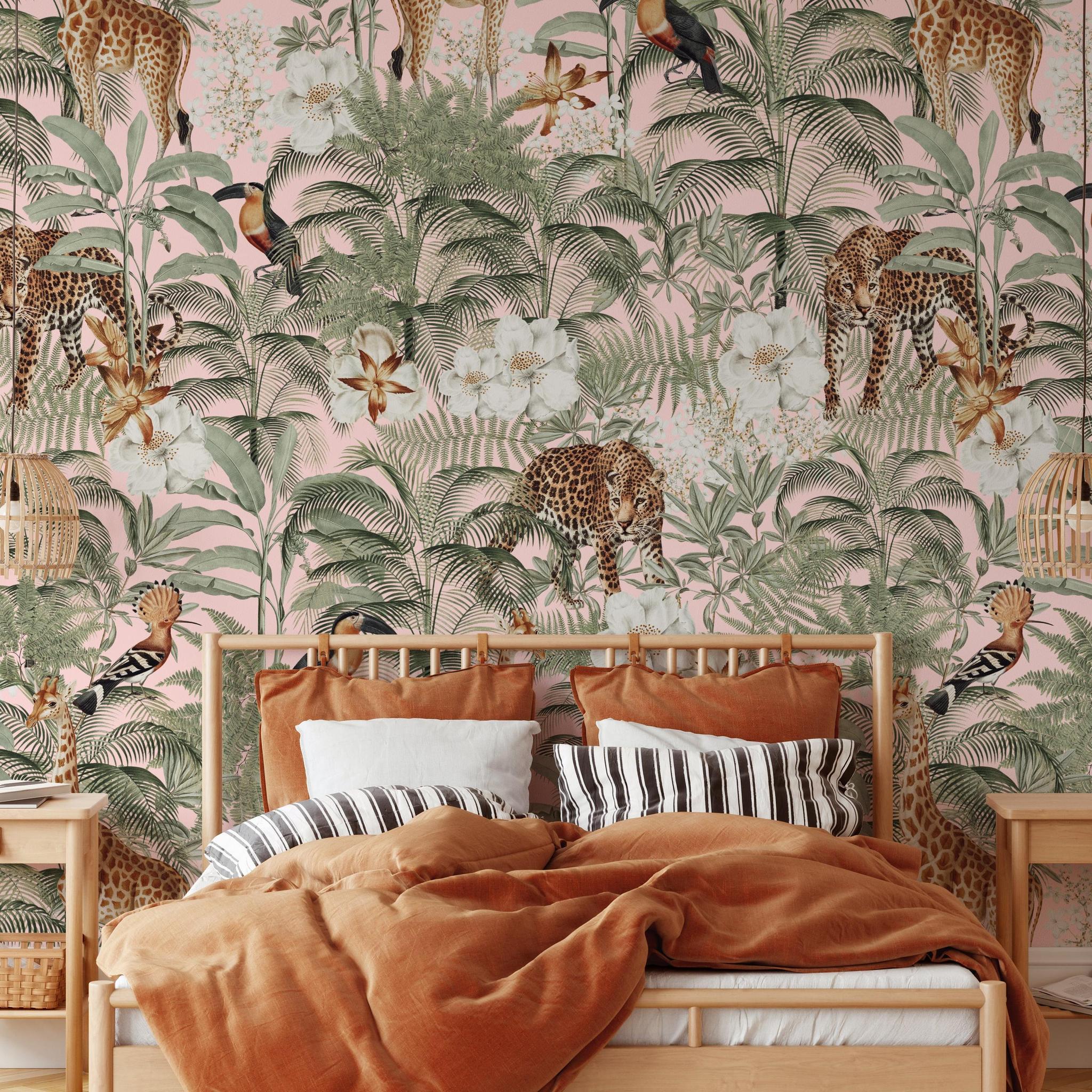 Tanzania Pink Wallpaper from Wall Blush SG02 featured in stylish bedroom interior, with vivid tropical pattern.