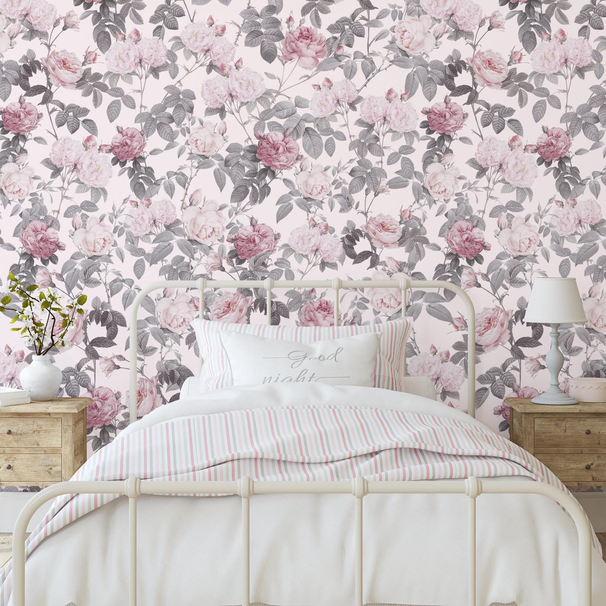 Wall Blush SG02's Secret Garden (Pink) Wallpaper in a cozy bedroom setting, with elegant floral design focus.