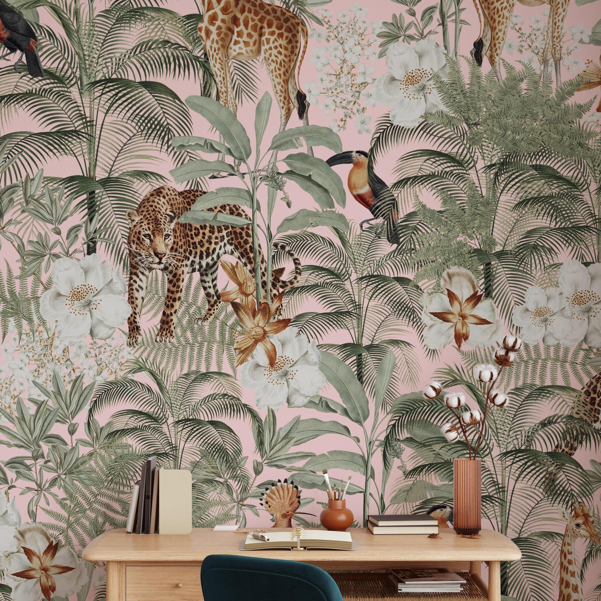 Tanzania Pink Wallpaper by Wall Blush SG02 in a stylish home office, highlighting exotic animal patterns.