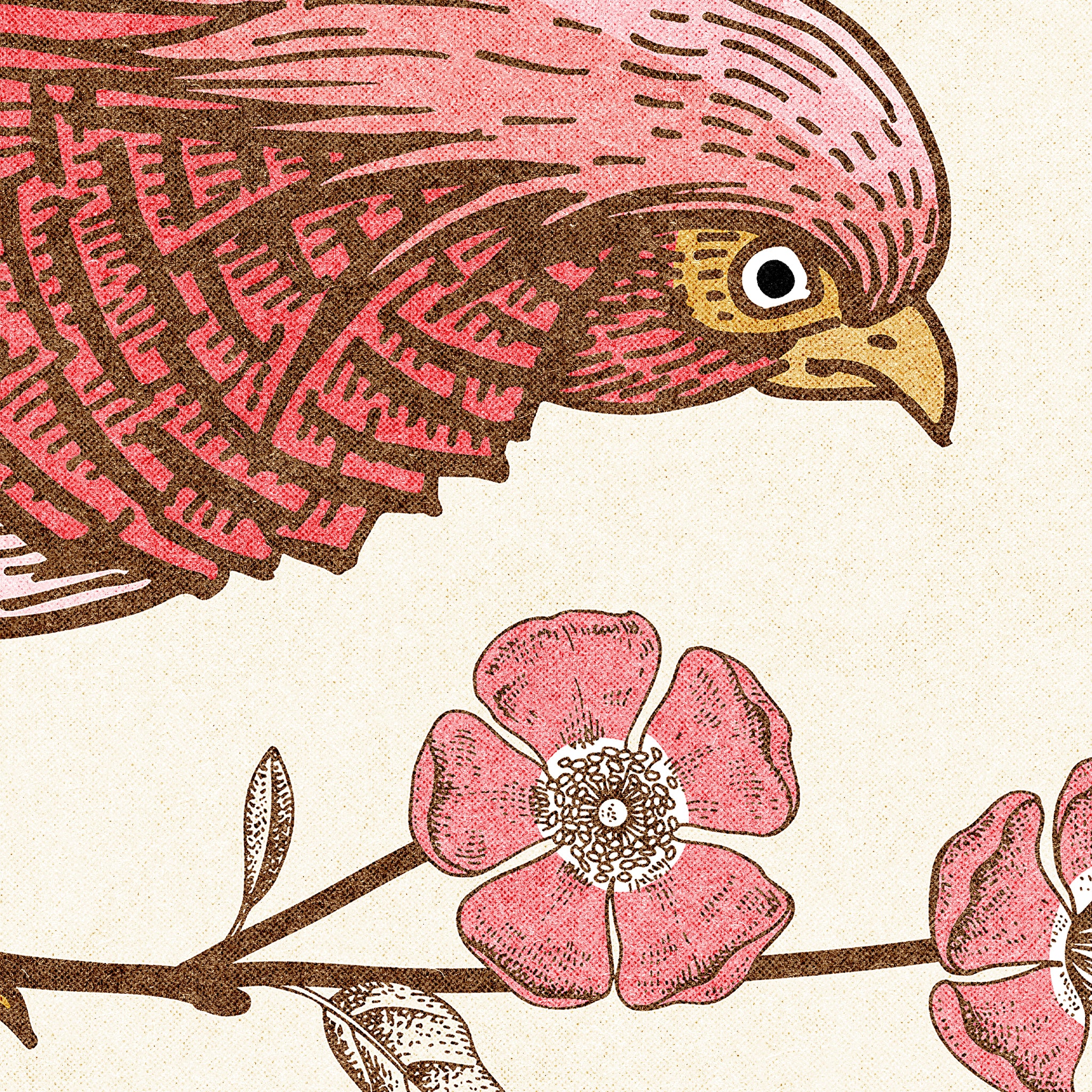 "Wall Blush Scarlet Wallpaper with bird and floral design, adding elegance to a contemporary living room."