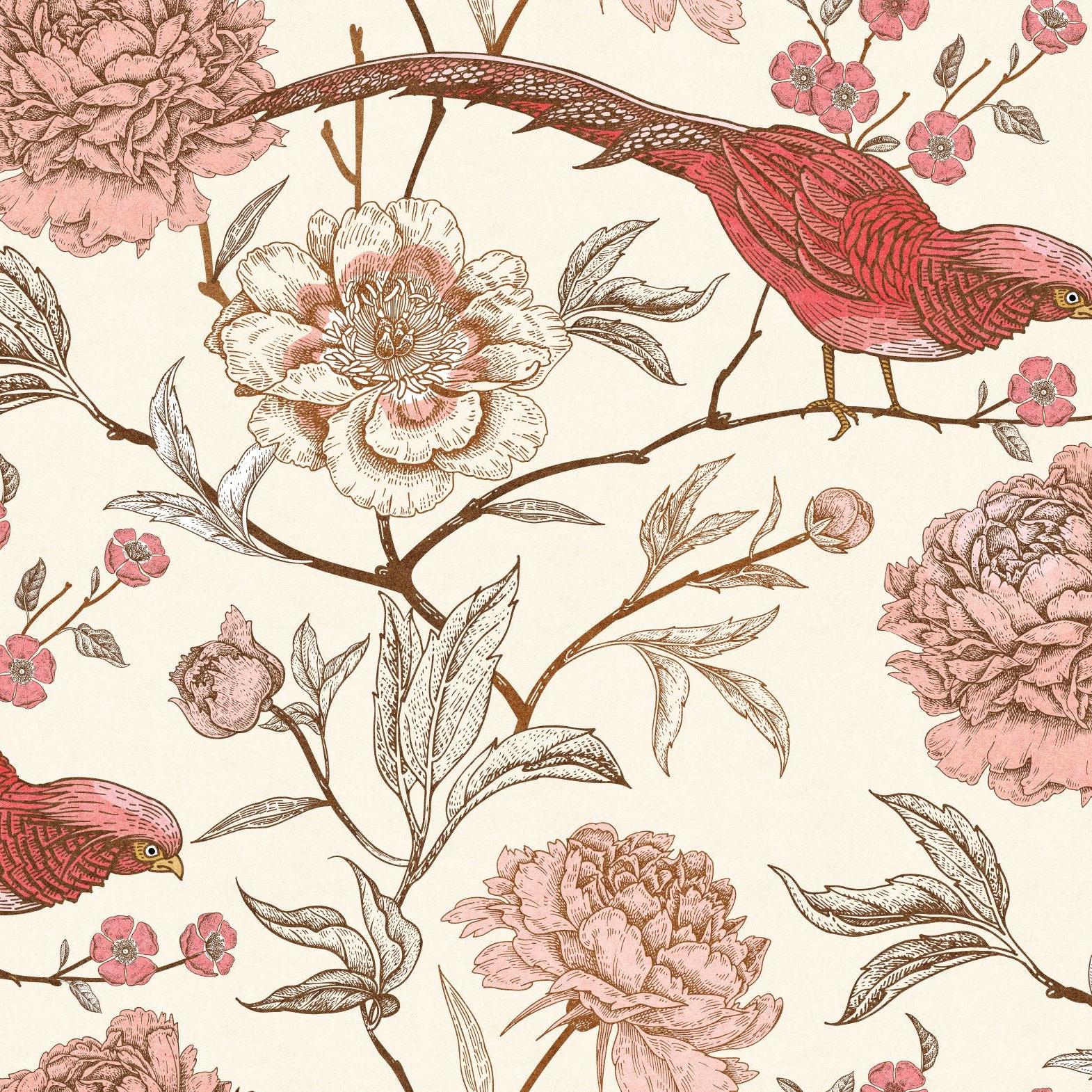 Wall Blush SG02 Scarlet Wallpaper with floral and bird design for elegant room decor, vivid and detailed pattern focus.