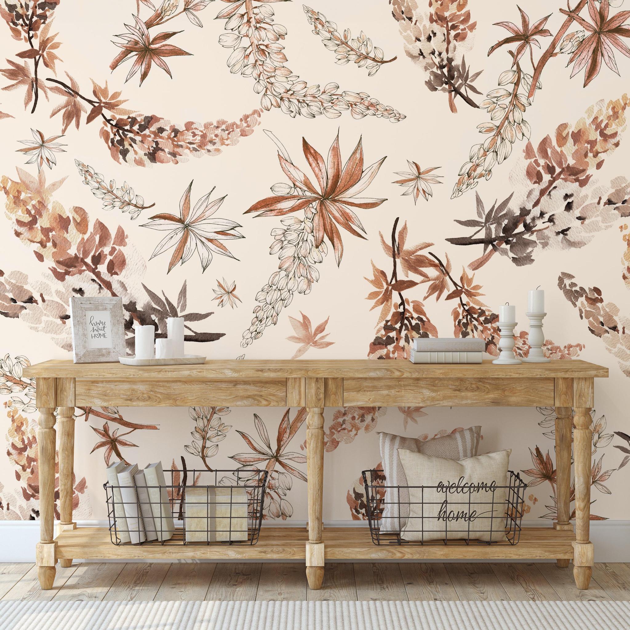 Piper's Meadow Wallpaper from The Ania Zwara Line featured in a stylish entryway, giving focus to elegant wall decor.