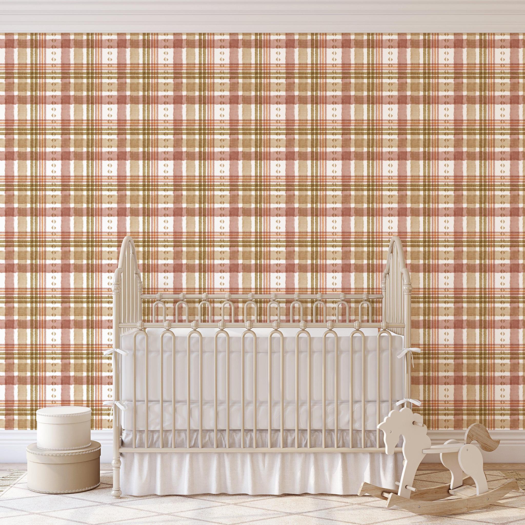 Ruth Wallpaper from The Stefanie Bloom Line, enhancing a nursery's decor with a warm, plaid pattern focus.