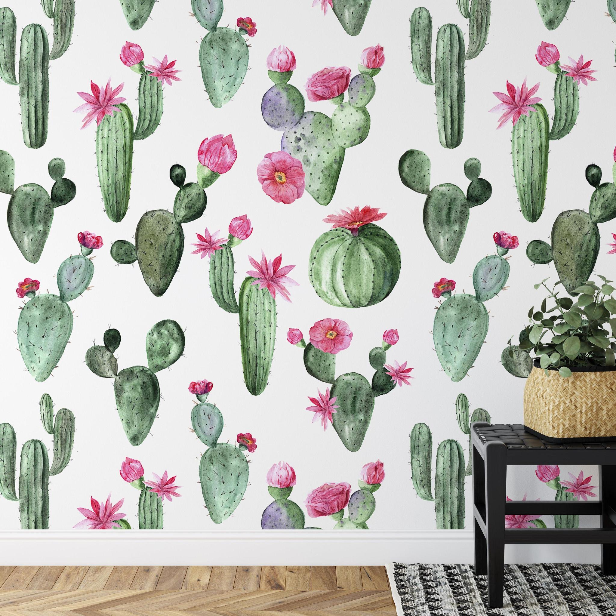 Prickly Princess Wallpaper by Wall Blush featured in a stylish living room, with vibrant cactus designs.