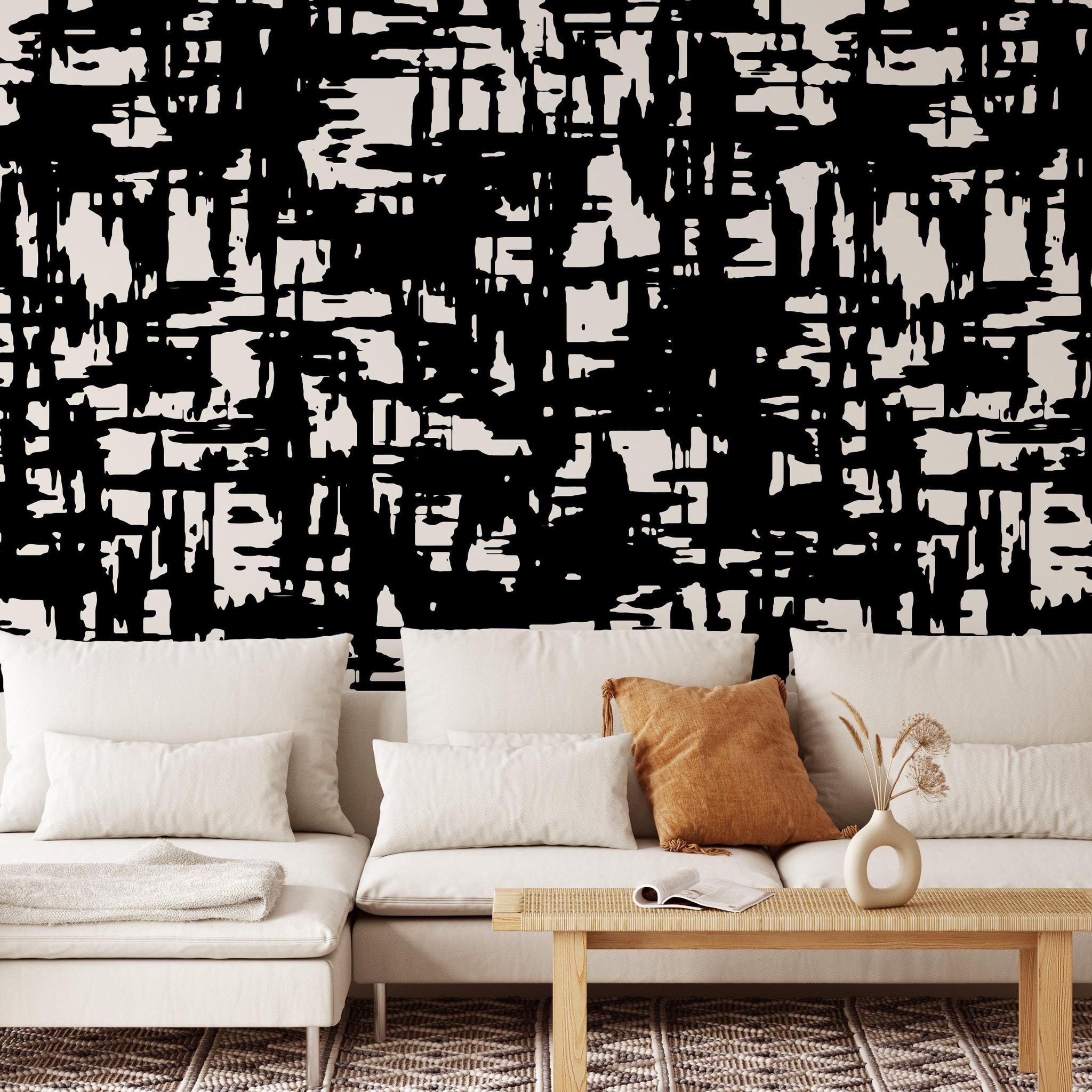 Abstract Mirage Wallpaper from The Stefanie Bloom Line accentuating a modern living room.