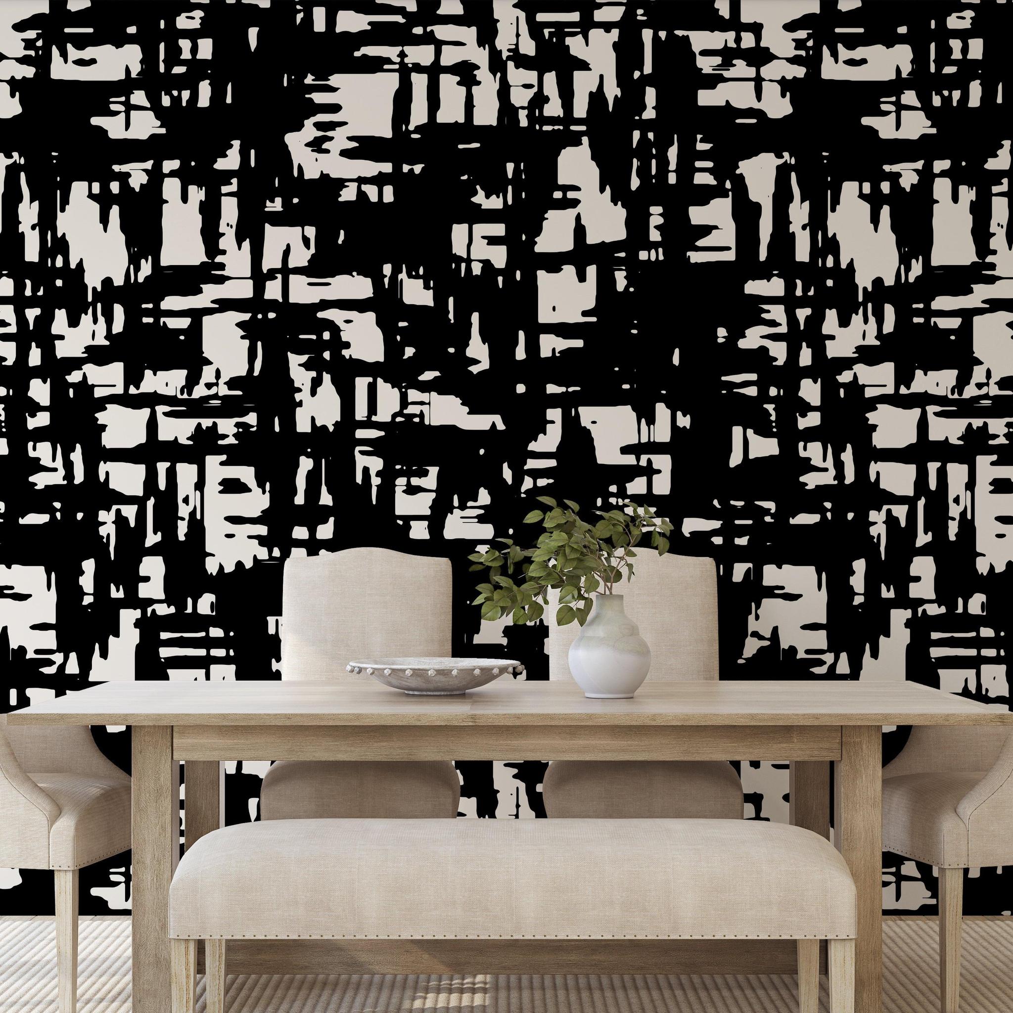 Dining room featuring Mirage Wallpaper by The Stefanie Bloom Line, abstract black and white design focal point.