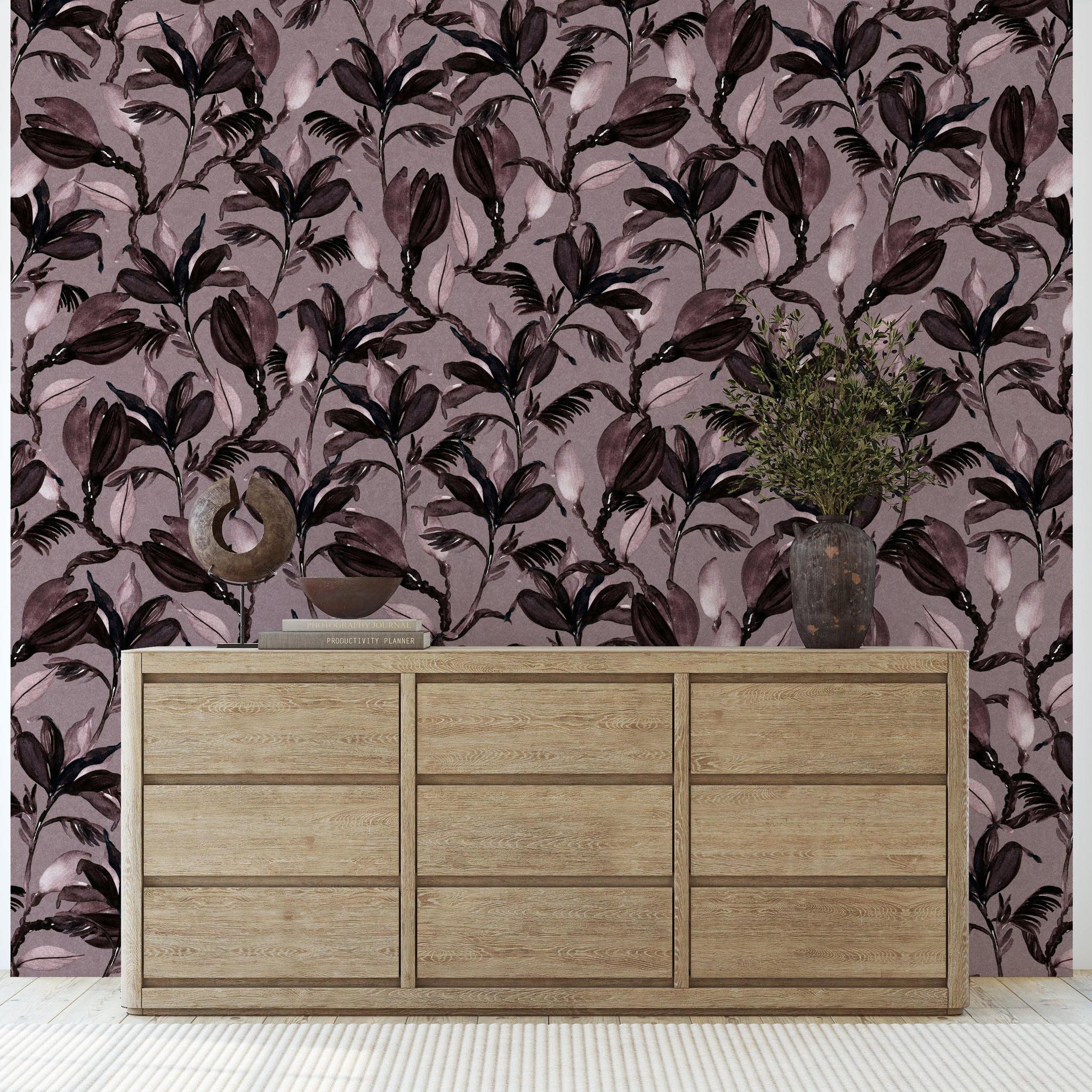 Lovett Wallpaper by Wall Blush SG02 in a stylish living room, focusing on the elegant botanical pattern.