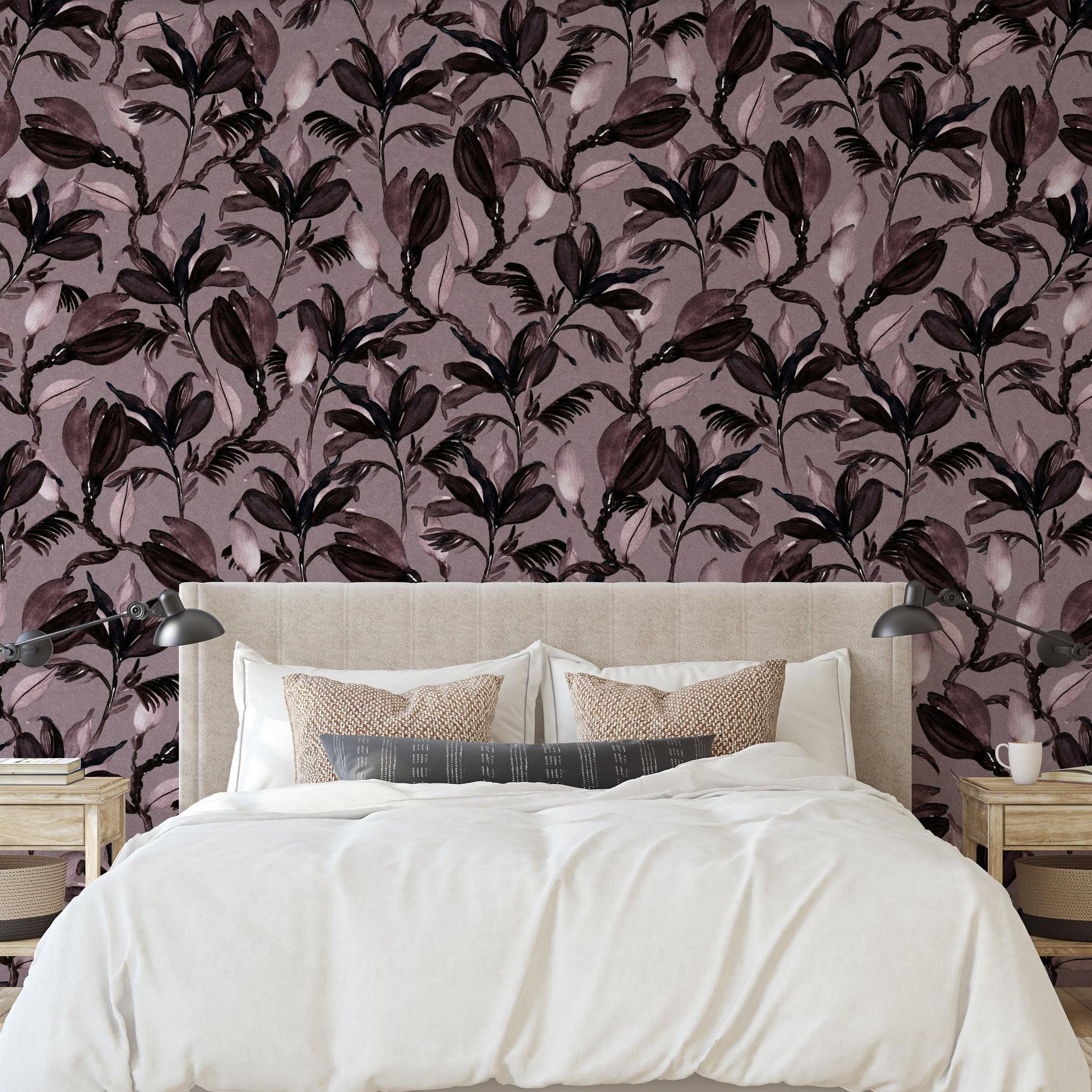 Lovett Wallpaper by Wall Blush SG02 in a stylish bedroom, showcasing botanical design as the focal point.