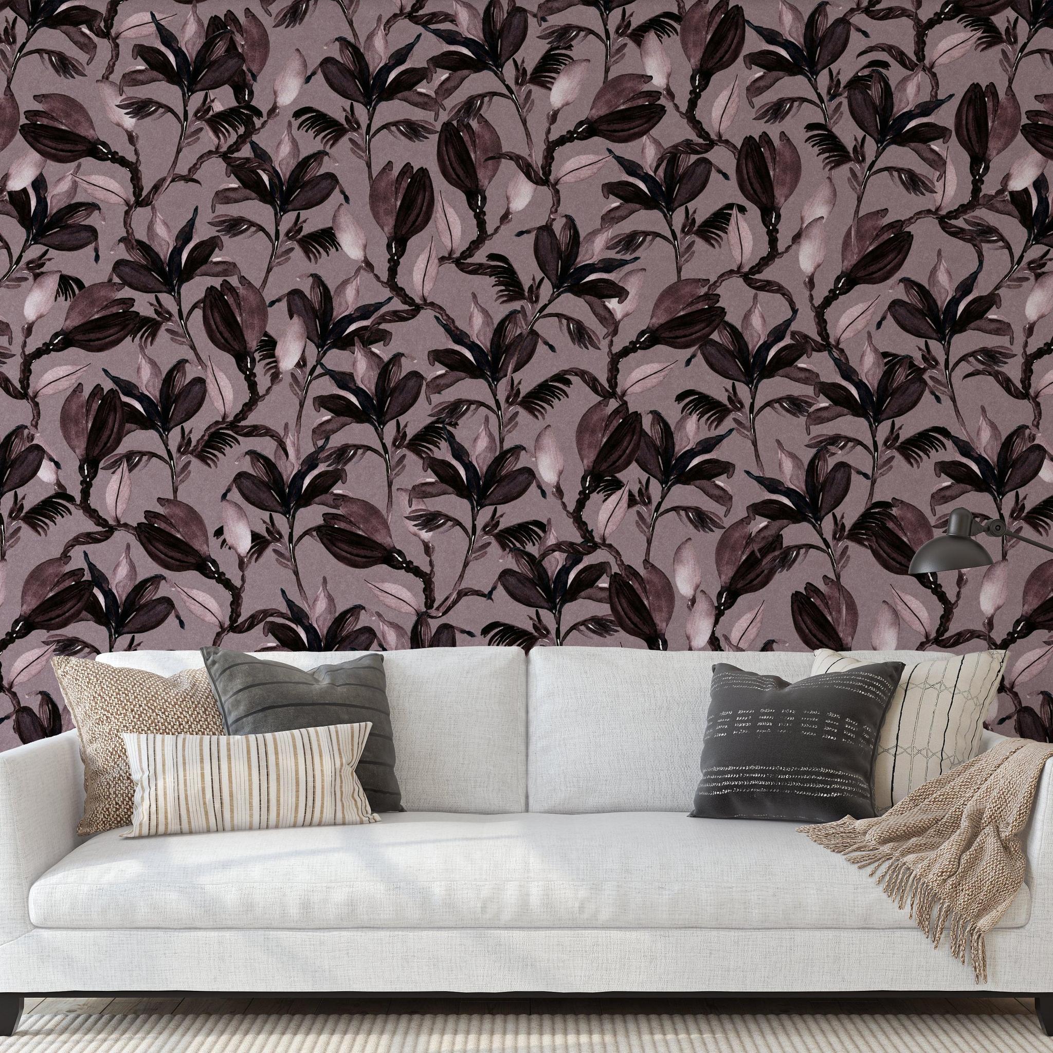 Lovett Wallpaper botanical design by Wall Blush SG02 in stylish living room with sofa, highlighting elegant wall decor.