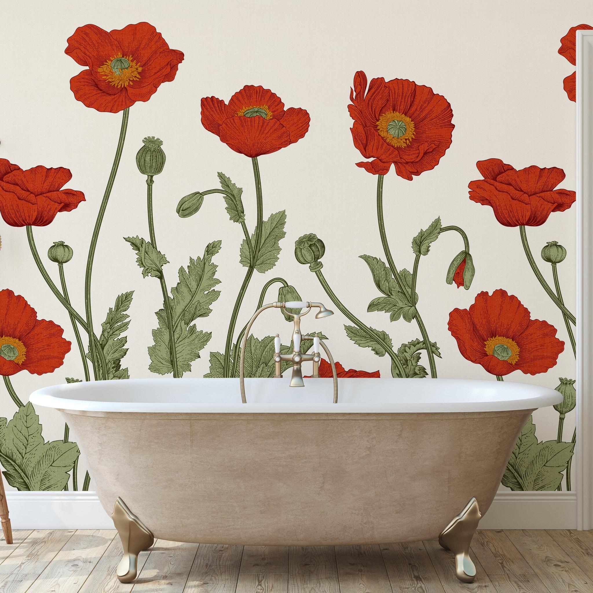 Wall Blush SG02 Poppy Lane Wallpaper in a well-lit bathroom with a freestanding bathtub, emphasizing the floral design.