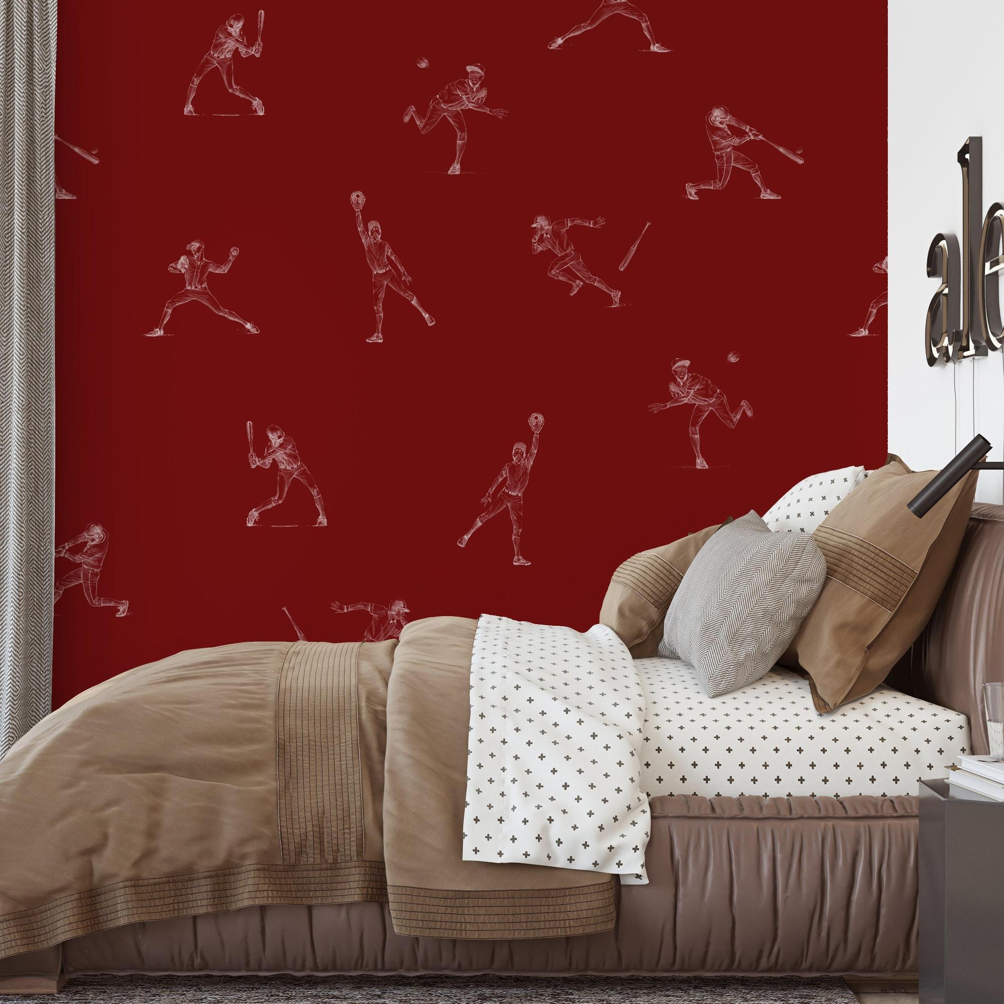 Batter's Up (Red) Wallpaper by Wall Blush SM01 in a stylish bedroom with sports theme focus