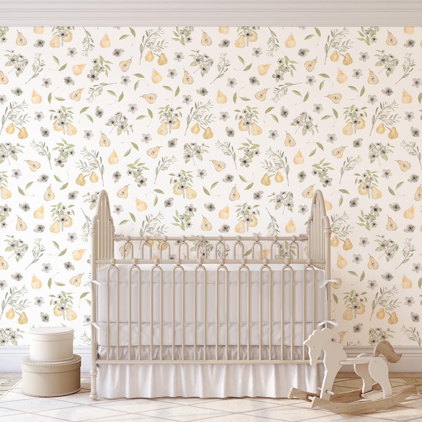 Laurel Wallpaper from The Salem Gideon Line featured in a stylish nursery room, highlighting elegant wall design.