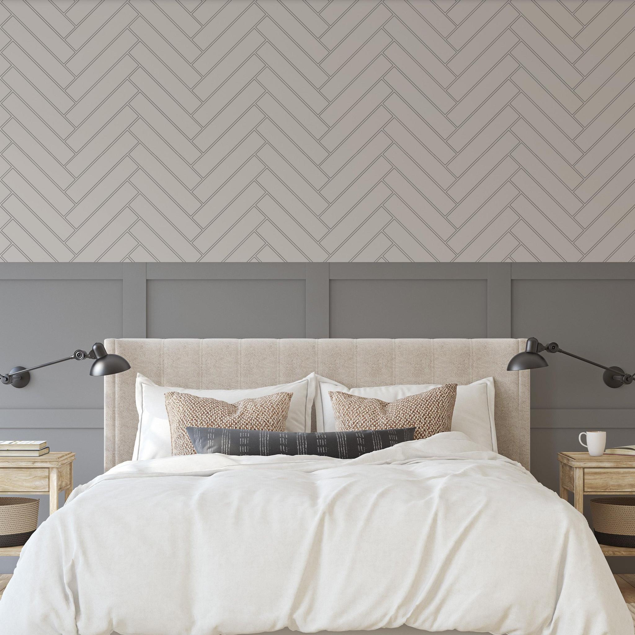Stitch Wallpaper by Wall Blush in modern bedroom with elegant herringbone design focus.